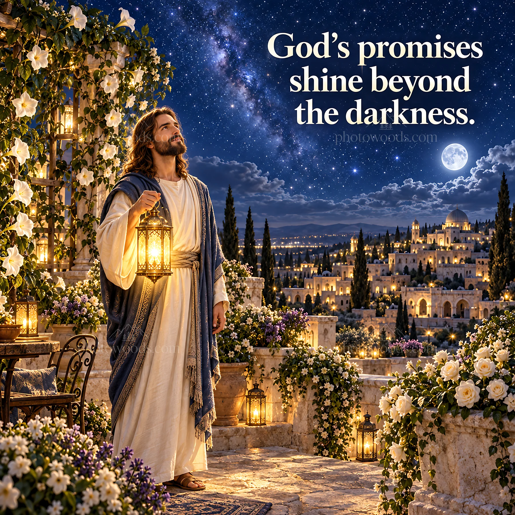 Jesus Christ holding a lantern in a nighttime garden scene - AI-generated stock image