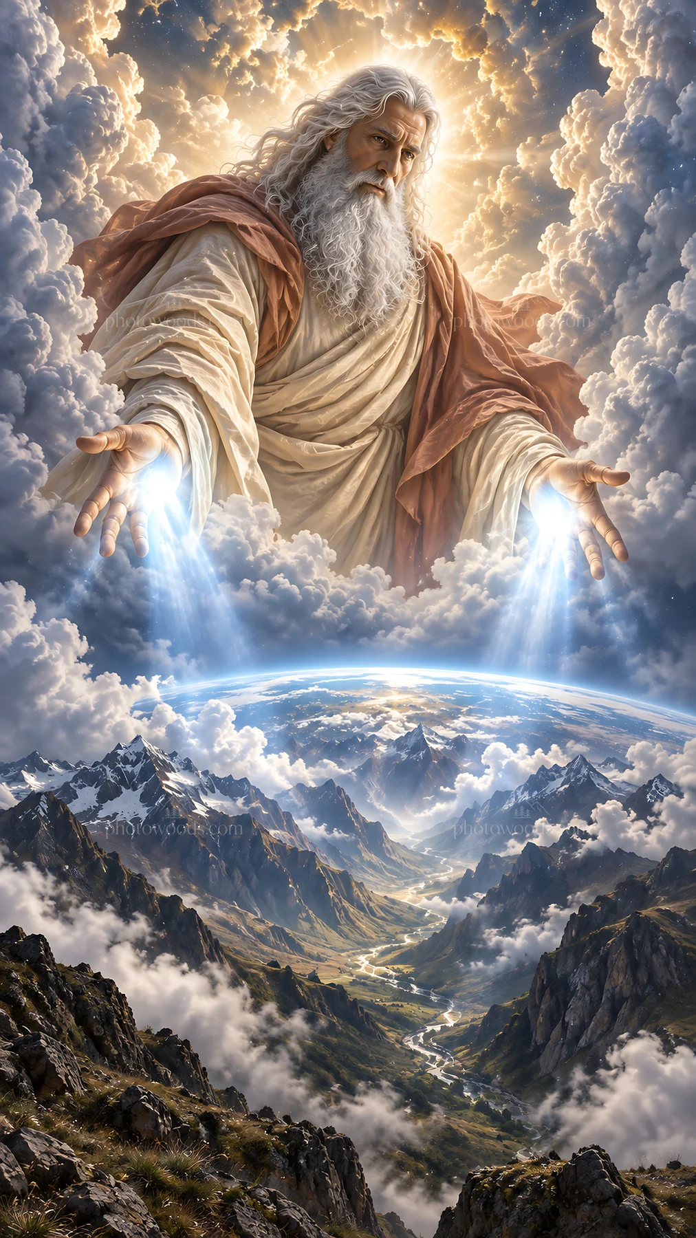 Jesus Christ reaching out from the clouds in a heavenly scene - AI-generated stock image