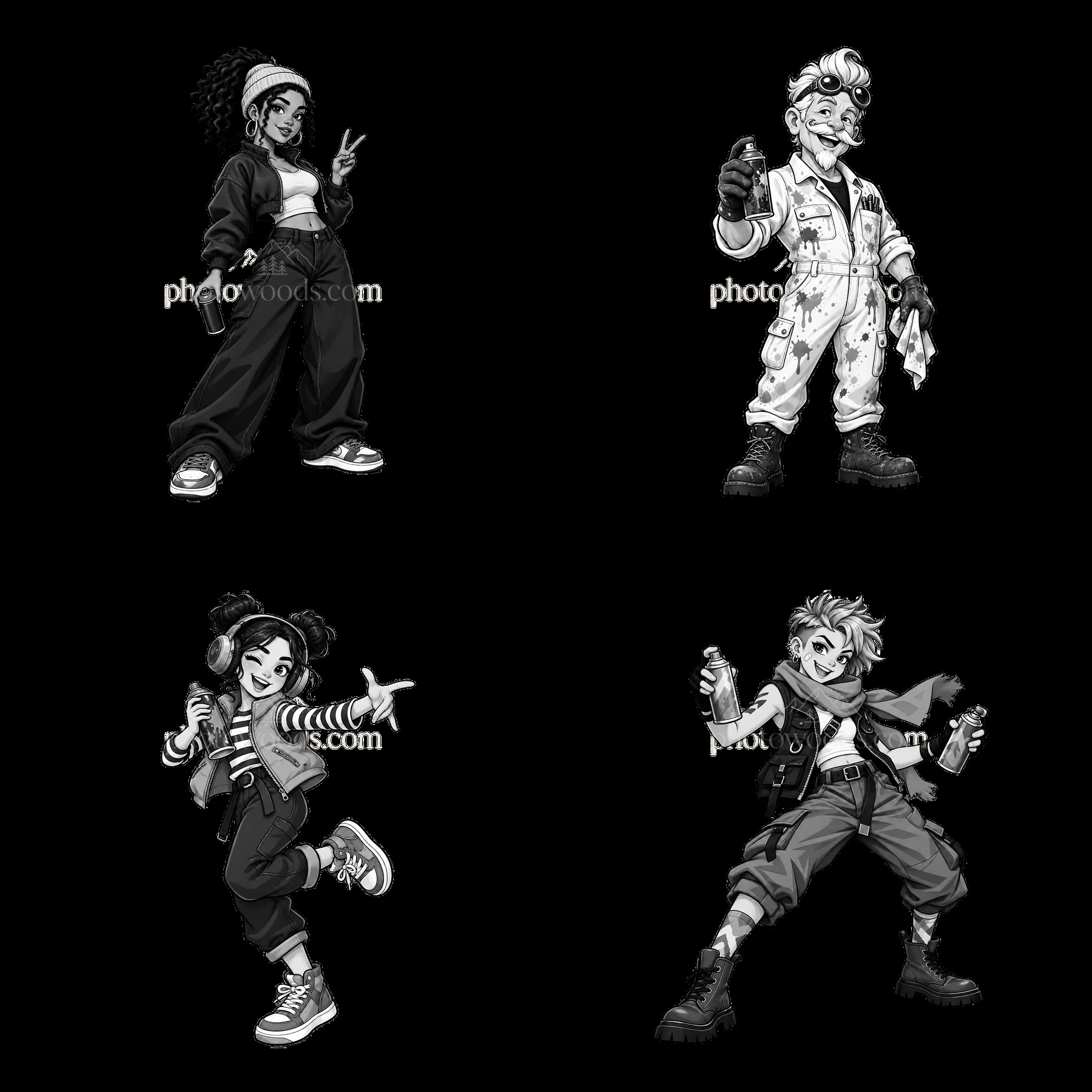 Cool graffiti sprayers creating urban art in black and white - AI-generated stock image