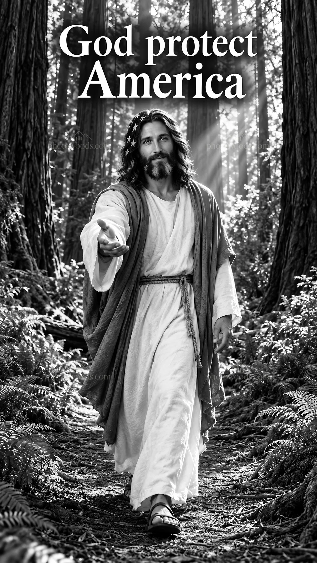 Jesus Christ walking through a forest path - AI-generated stock image