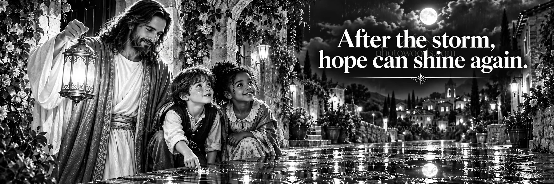 Jesus Christ with children sharing hope after a storm - AI-generated stock image