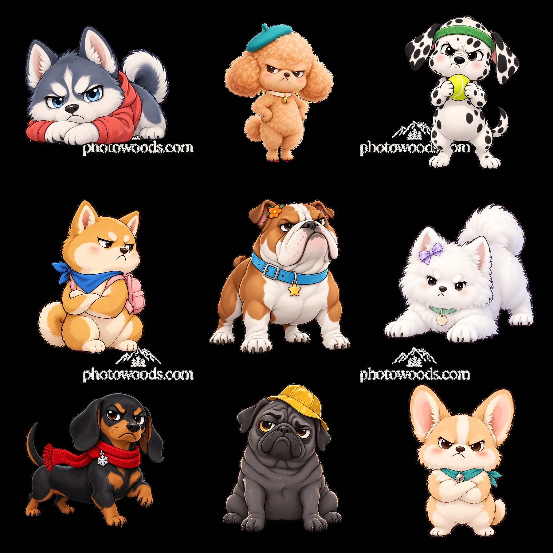 Kawaii grumpy dogs in colorful stickers arranged in a square - AI-generated stock image