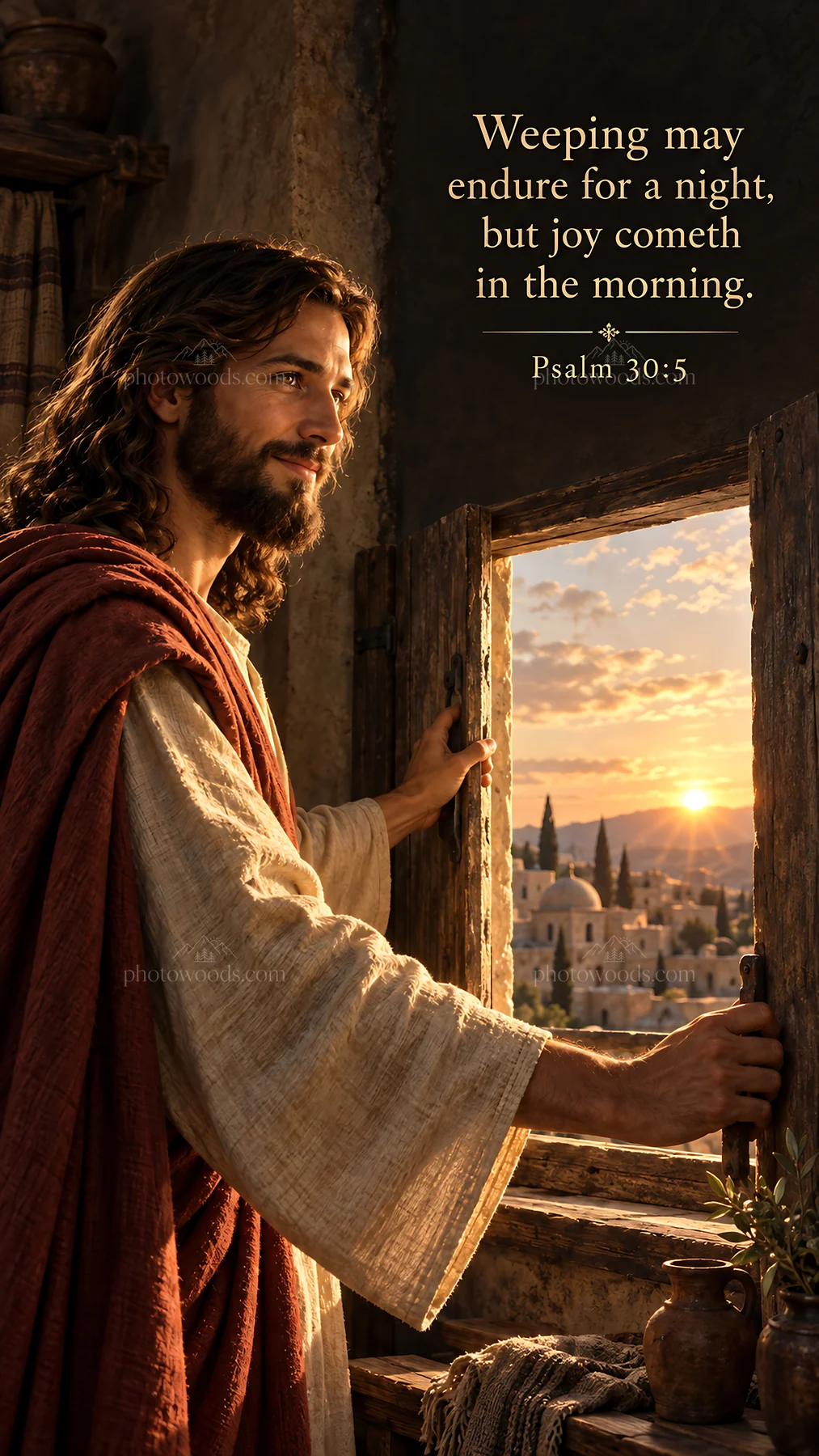 Jesus Christ at the window with a hopeful sunrise backdrop - AI-generated stock image