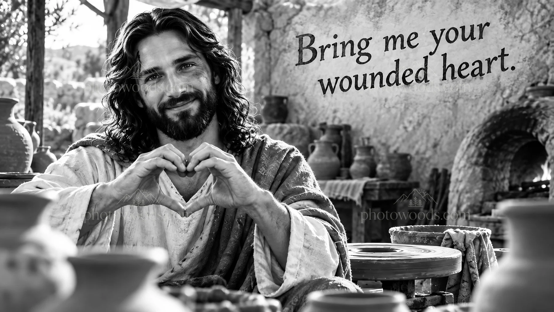 Jesus Christ welcomes the wounded heart - AI-generated stock image