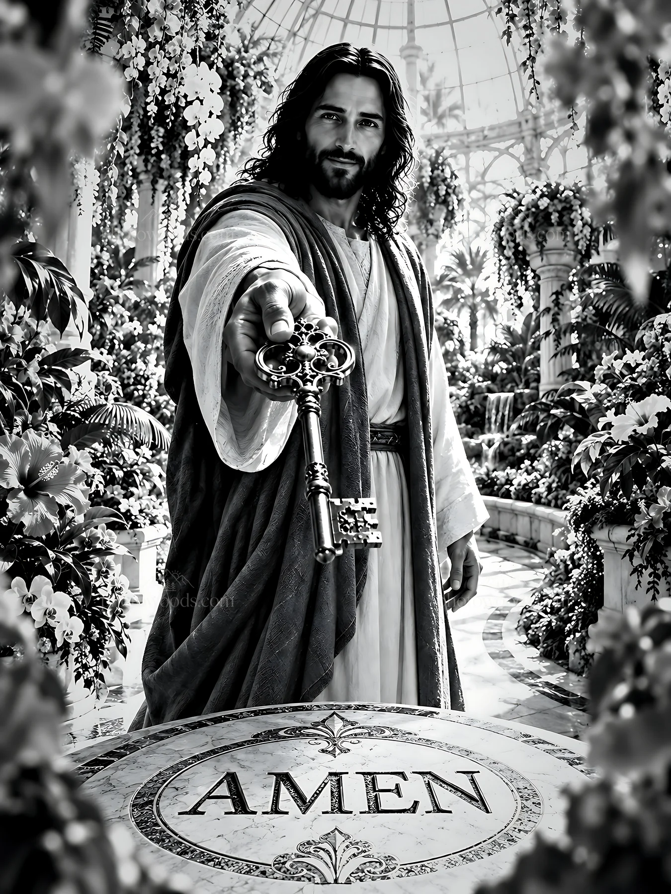 Key holder in orchid conservatory - AI-generated stock image