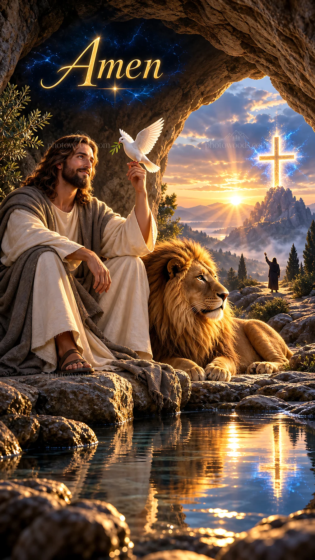 Jesus Christ sharing peace with a dove near a lion - AI-generated stock image