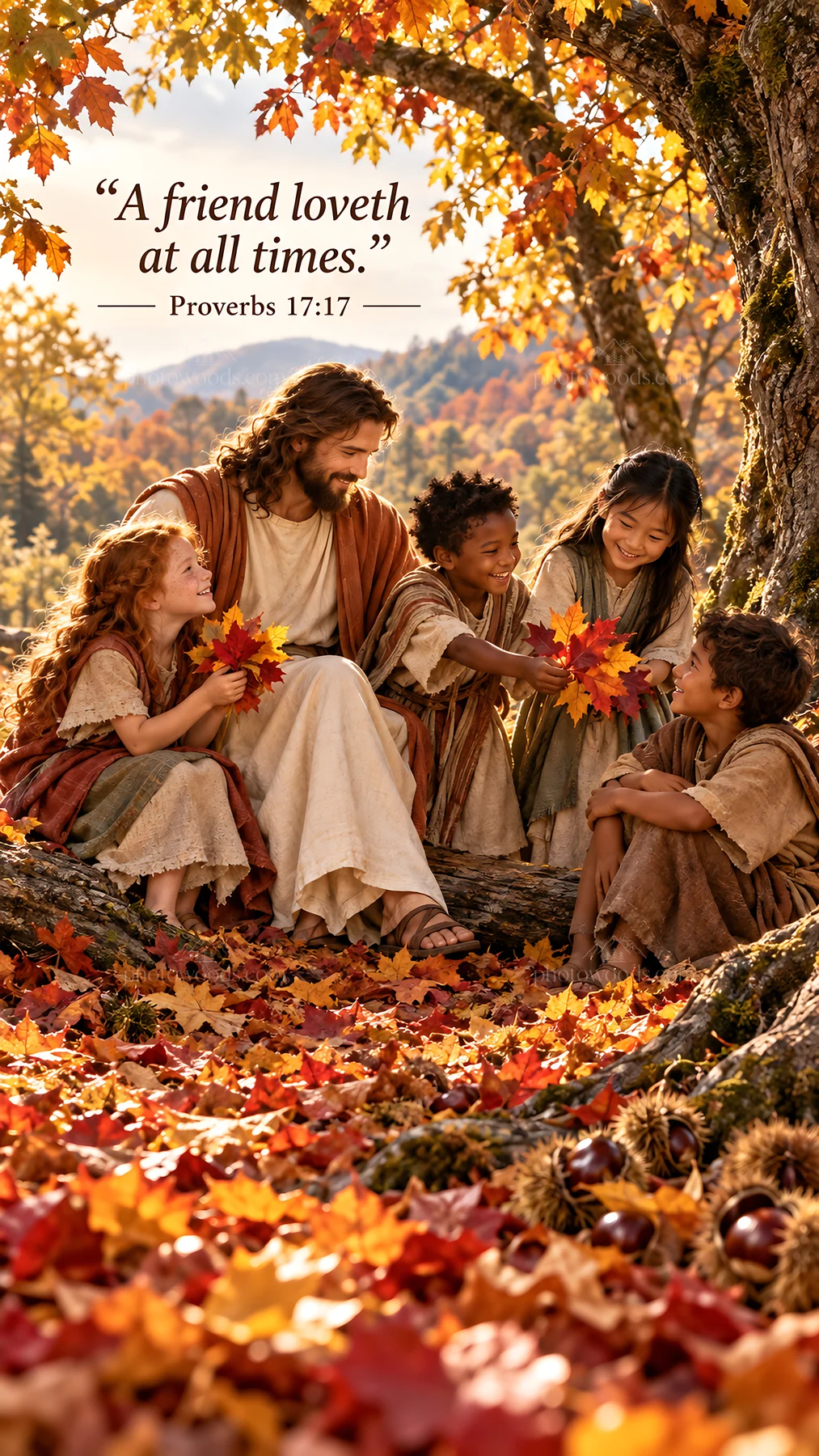 Jesus Christ sharing joy with children in autumn - AI-generated stock image