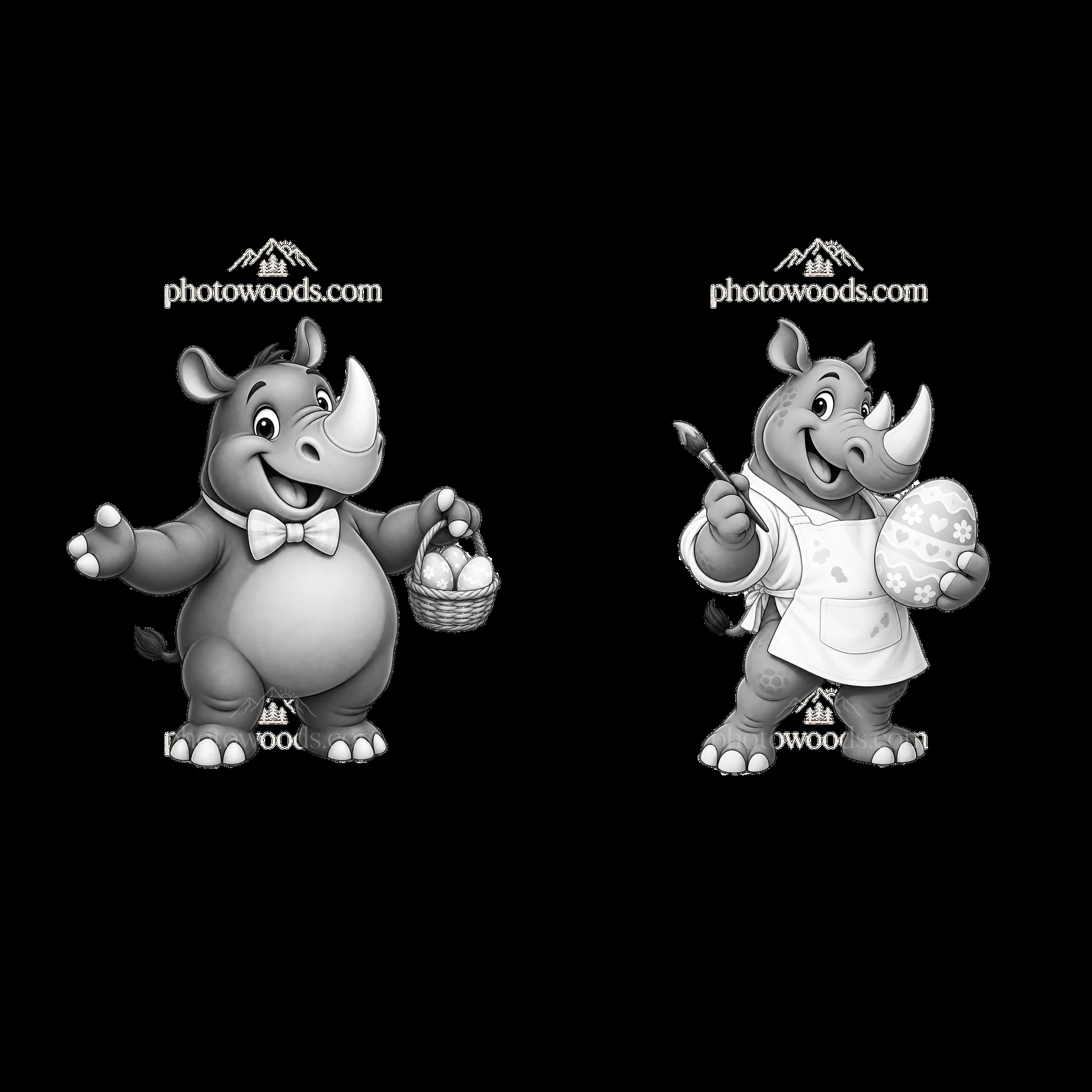 Easter rhinoceros characters carrying eggs and painting Easter egg - AI-generated stock image