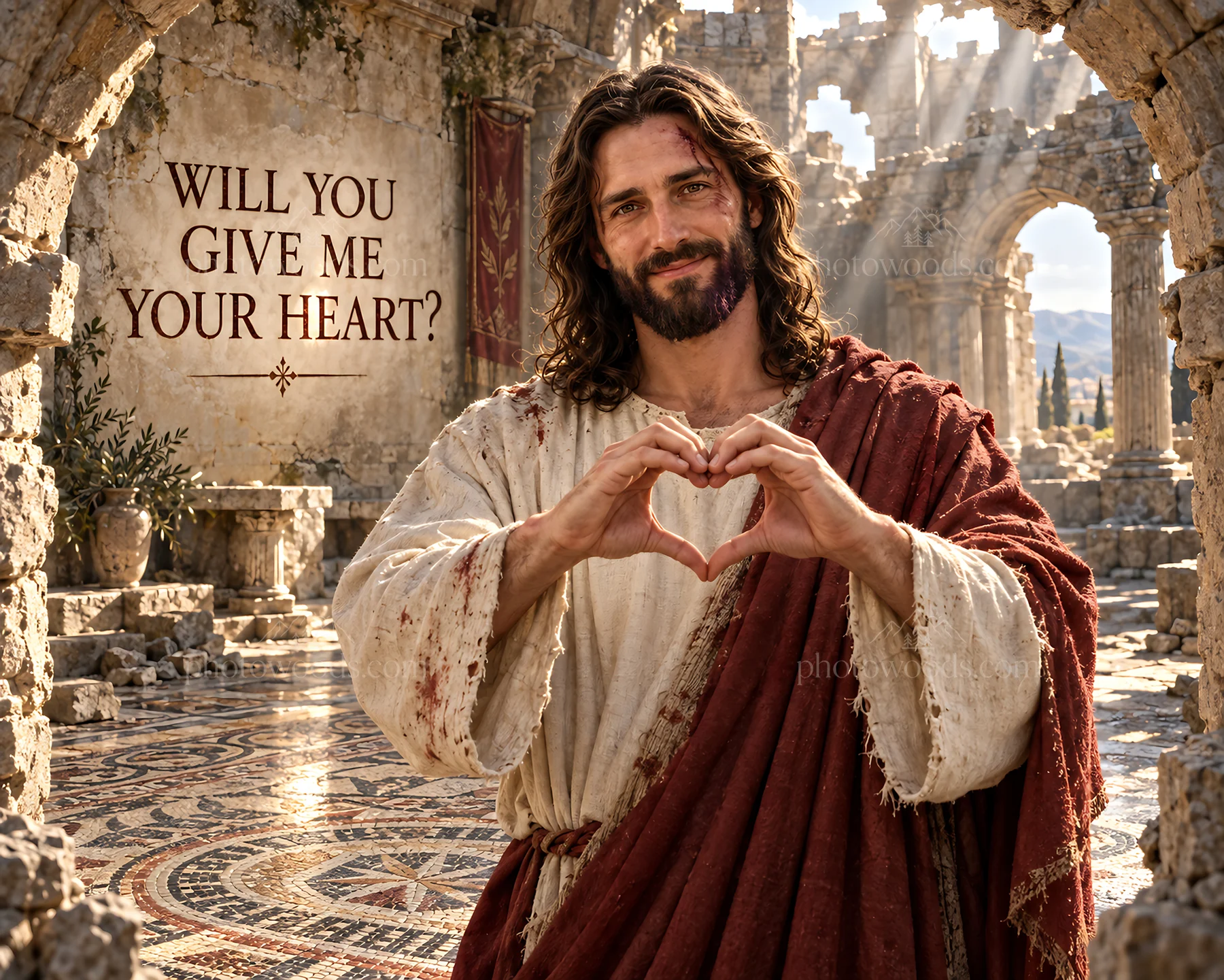 Jesus Christ forming a heart shape with his hands - AI-generated stock image