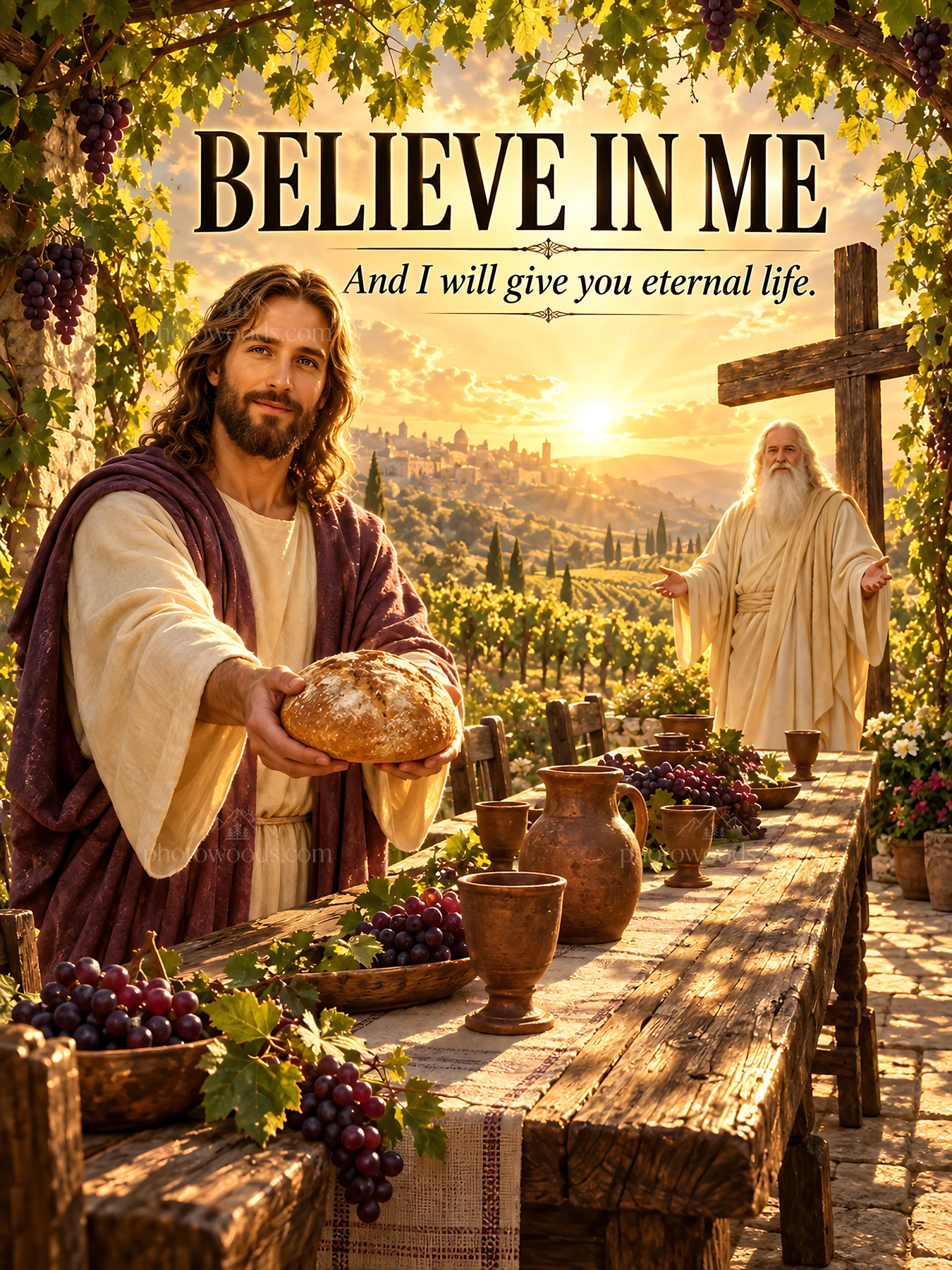 Jesus Christ shares bread and offers eternal life - AI-generated stock image
