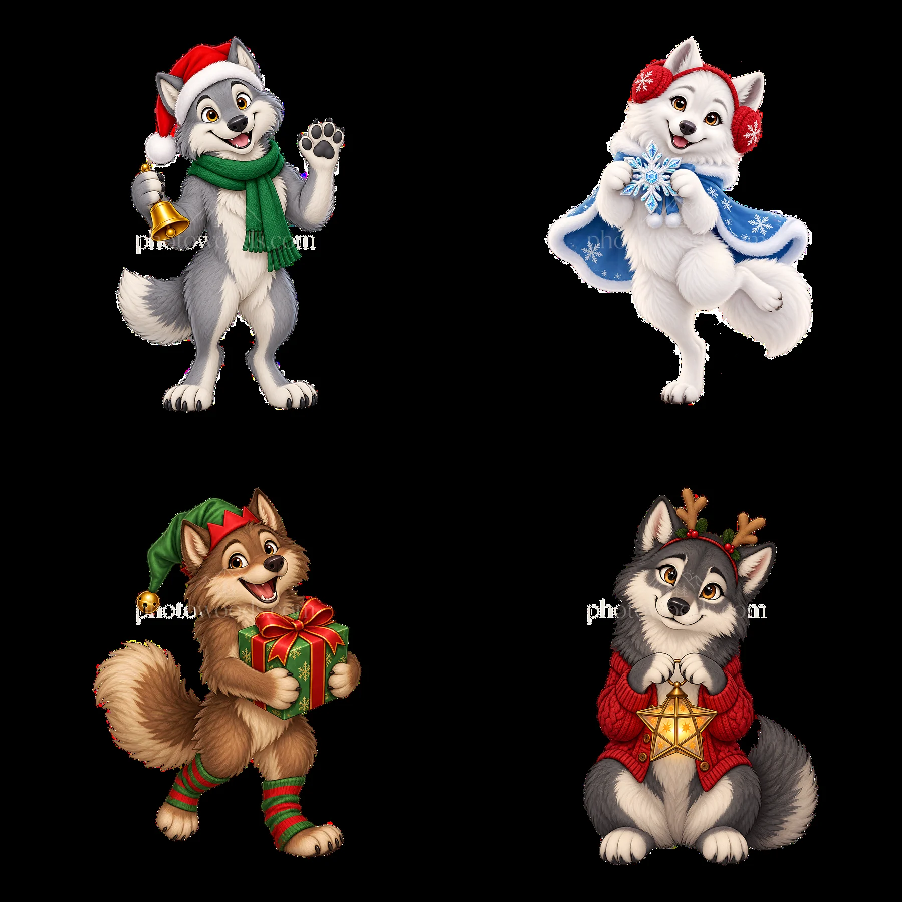 Christmas wolves in festive poses with accessories - AI-generated stock image