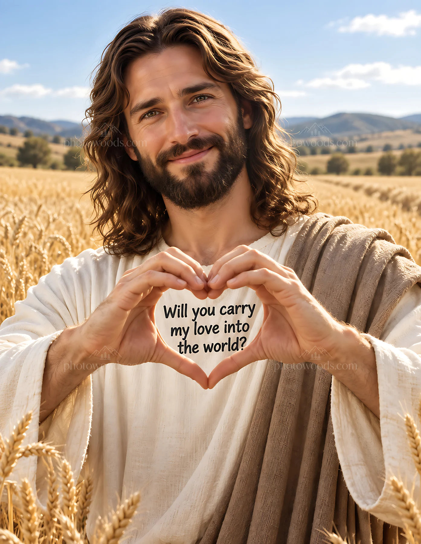Sunlit wheat field with a man forming a heart shape - AI-generated stock image