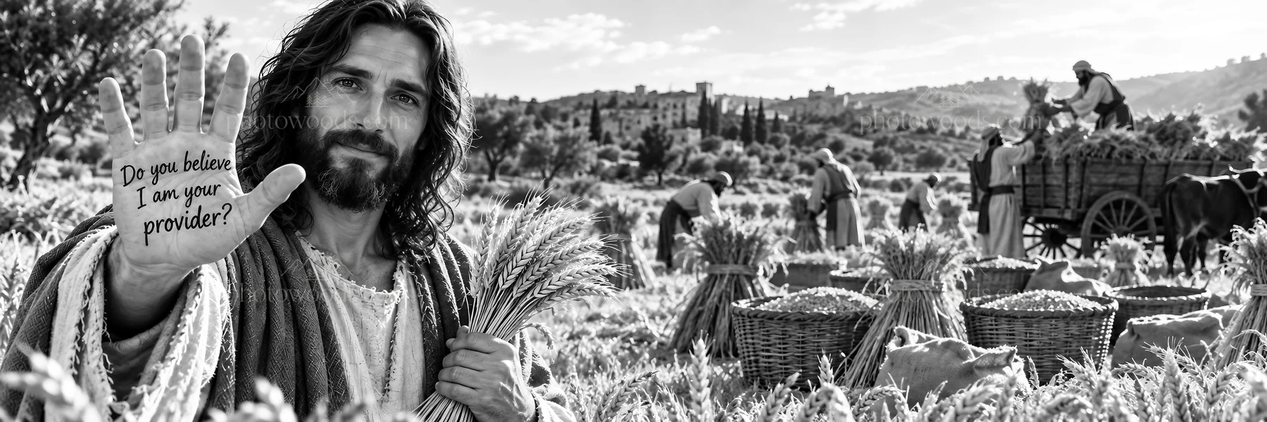 Jesus Christ offers reassurance in a harvest field - AI-generated stock image