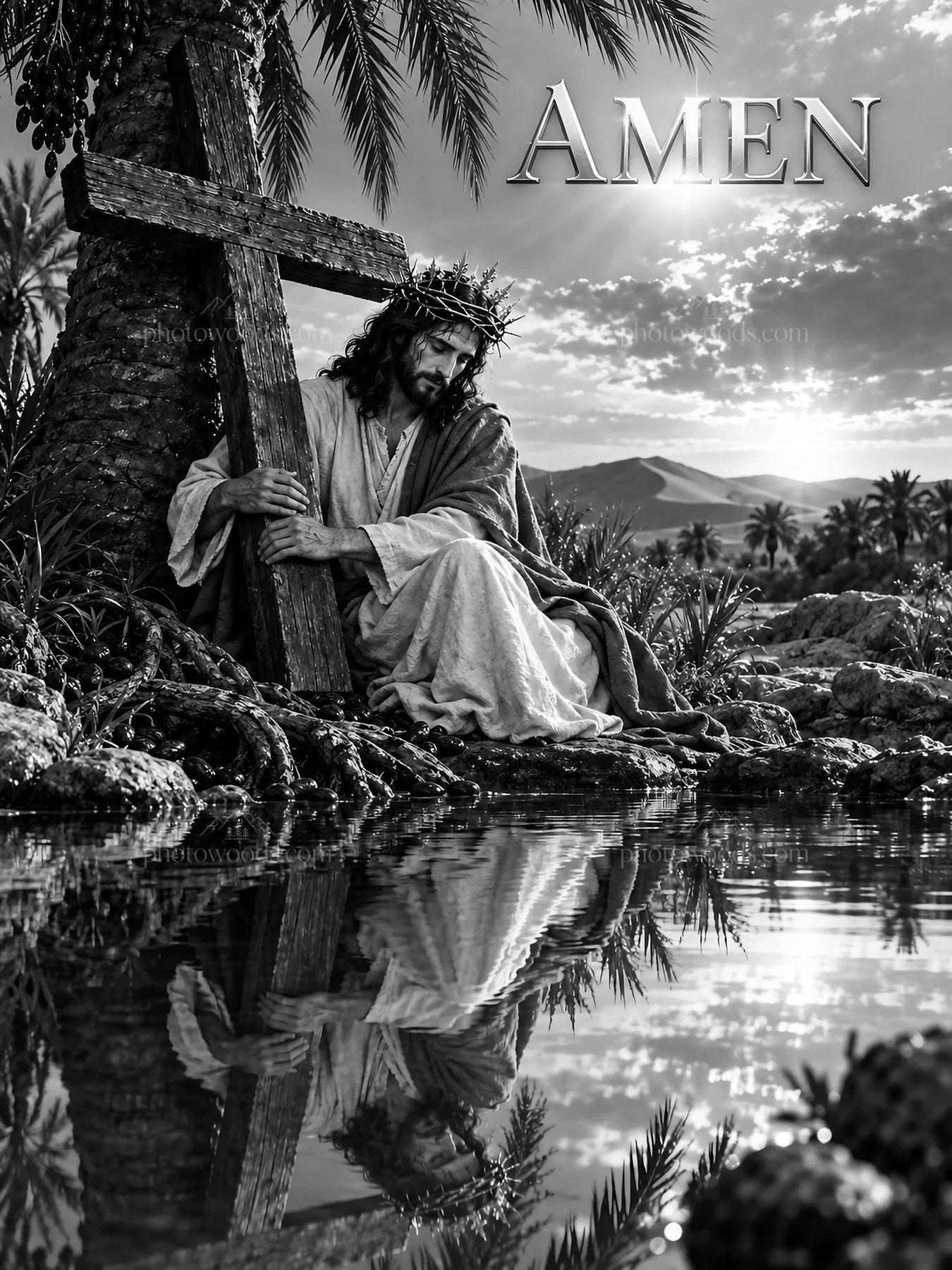 Jesus Christ carries a cross by a reflective water - AI-generated stock image