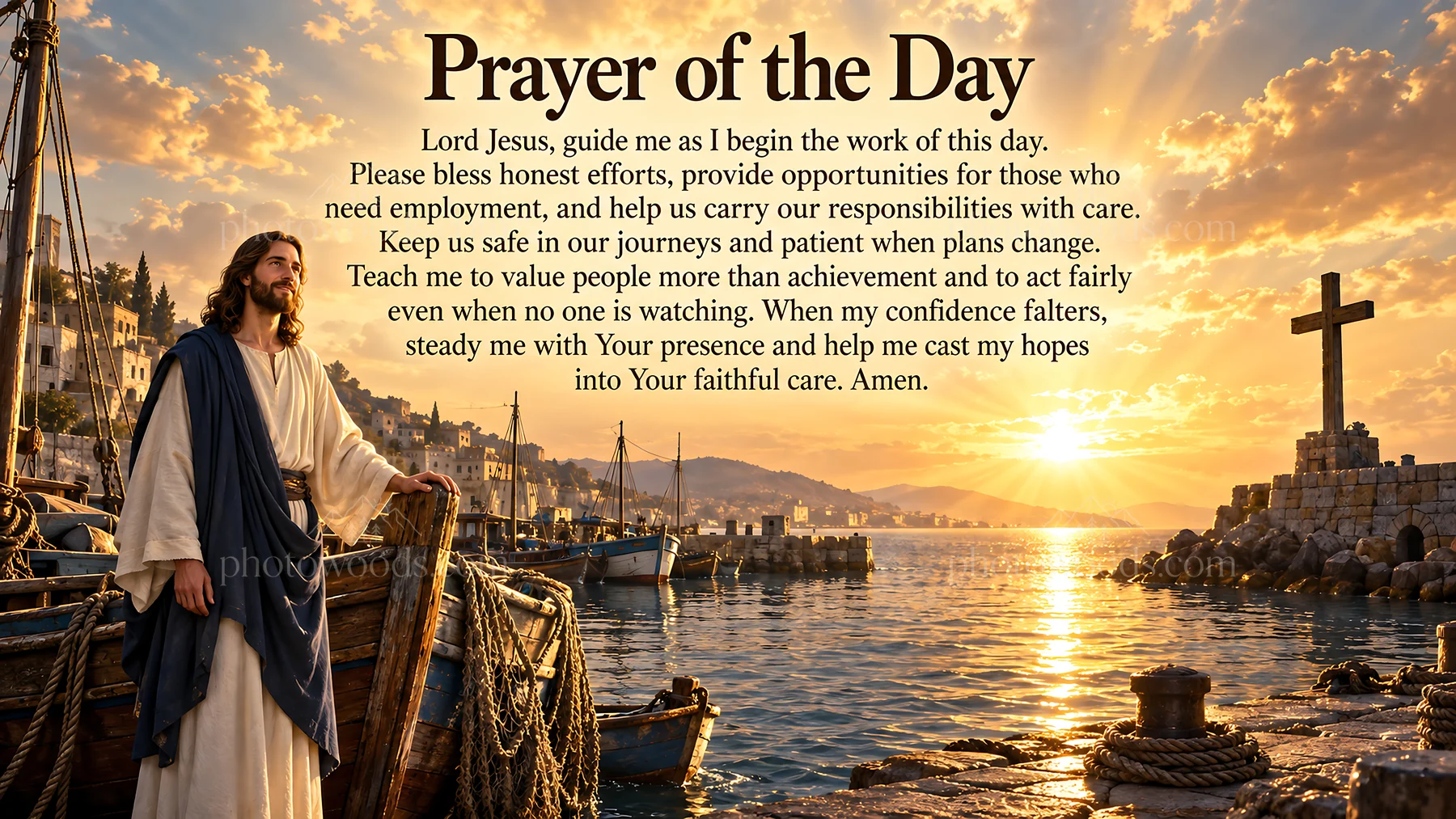 Jesus Christ guiding on the shore with prayer and calm - AI-generated stock image