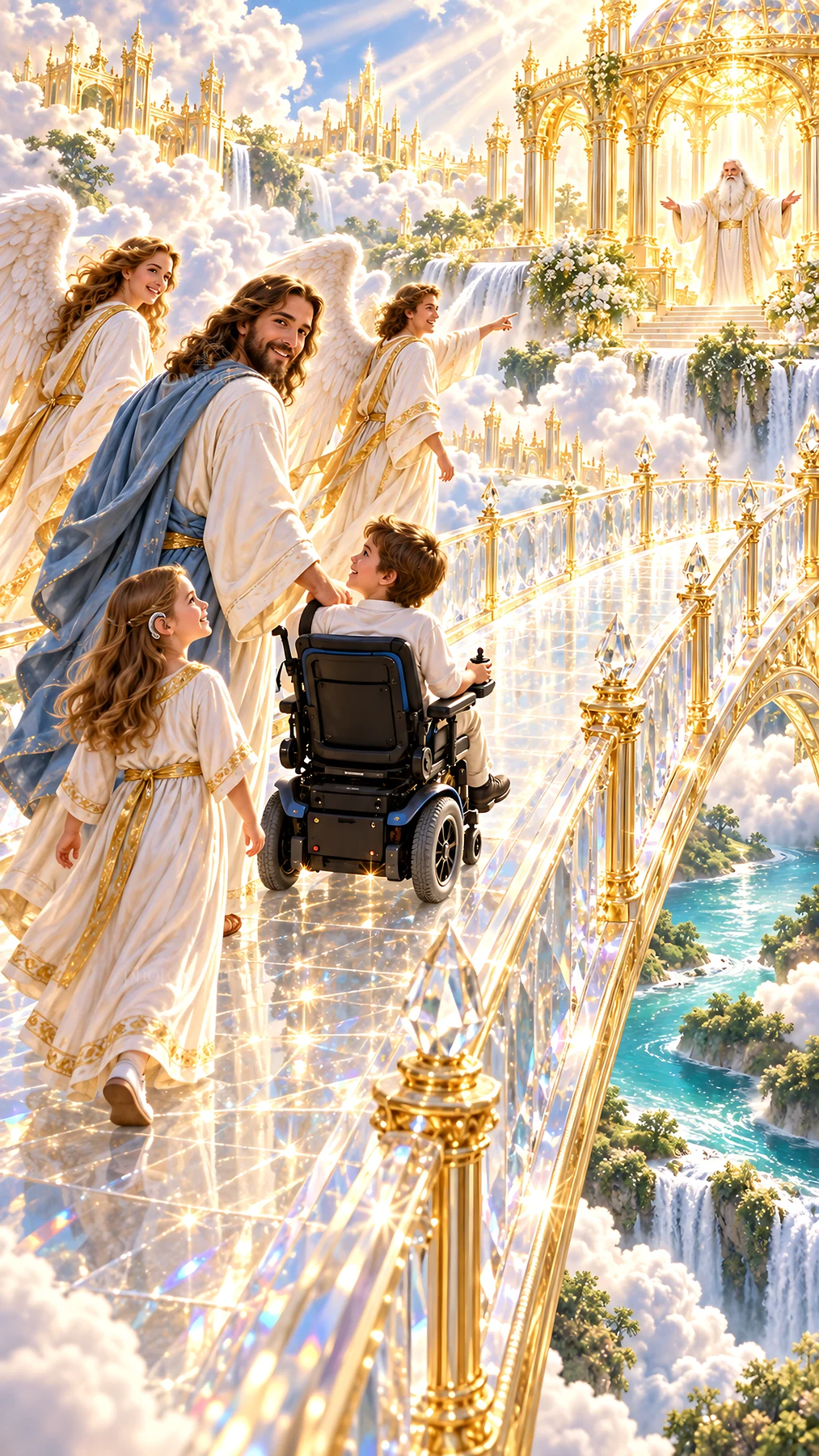 Jesus Christ walking on a bridge to Heaven with children - AI-generated stock image