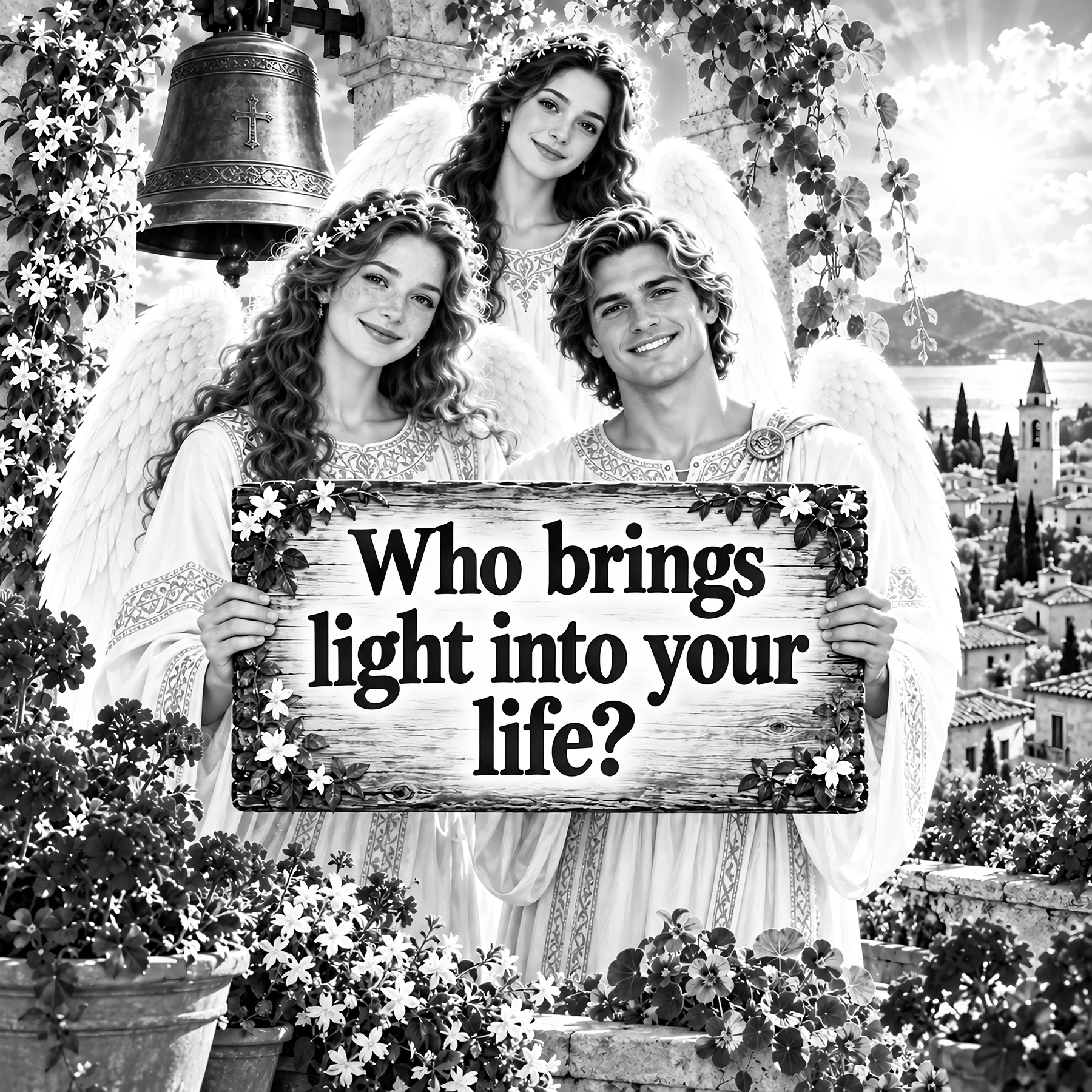 Jesus Christ with angels asking about light in your life - AI-generated stock image