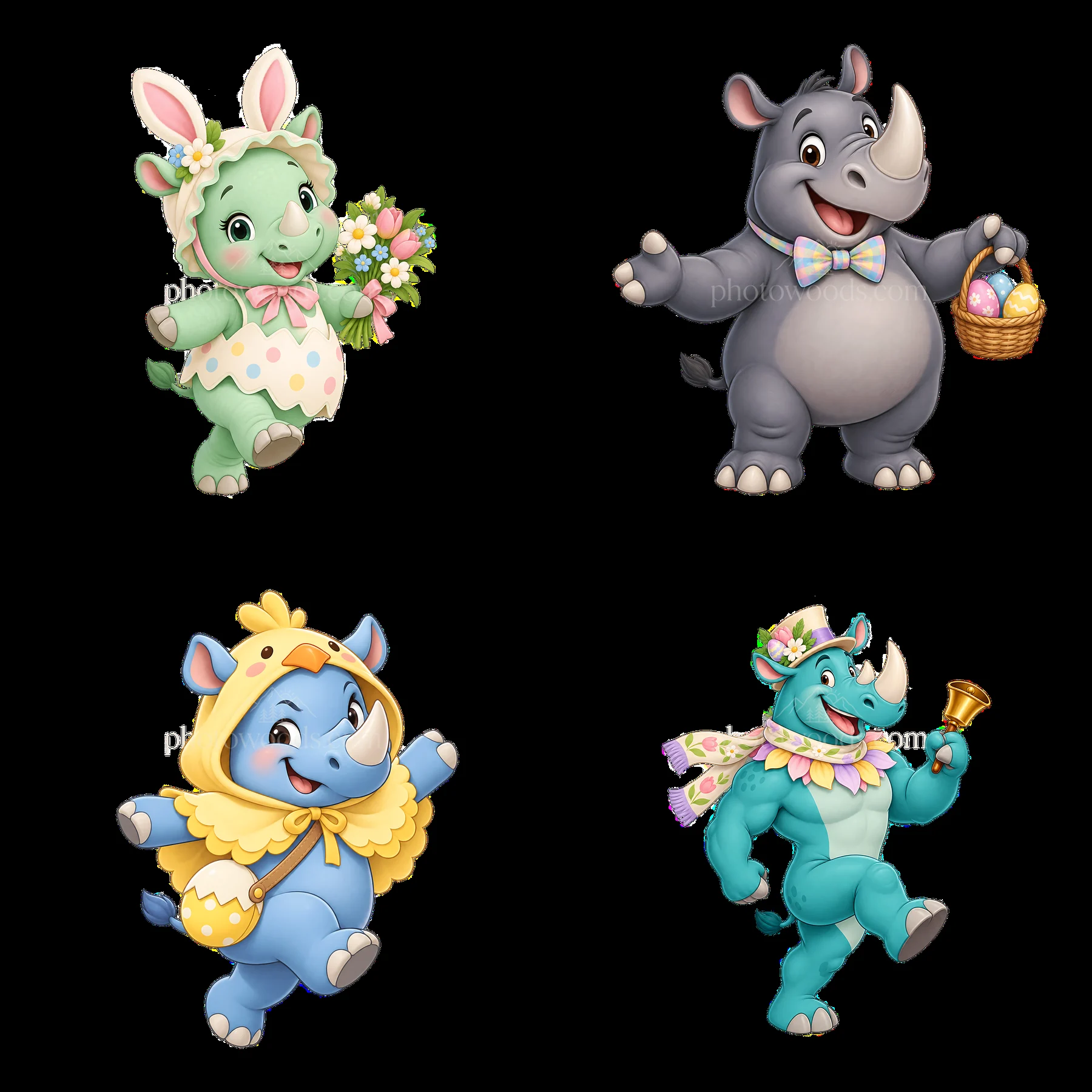 Easter rhinoceros characters with flowers and baskets in a grid - AI-generated stock image