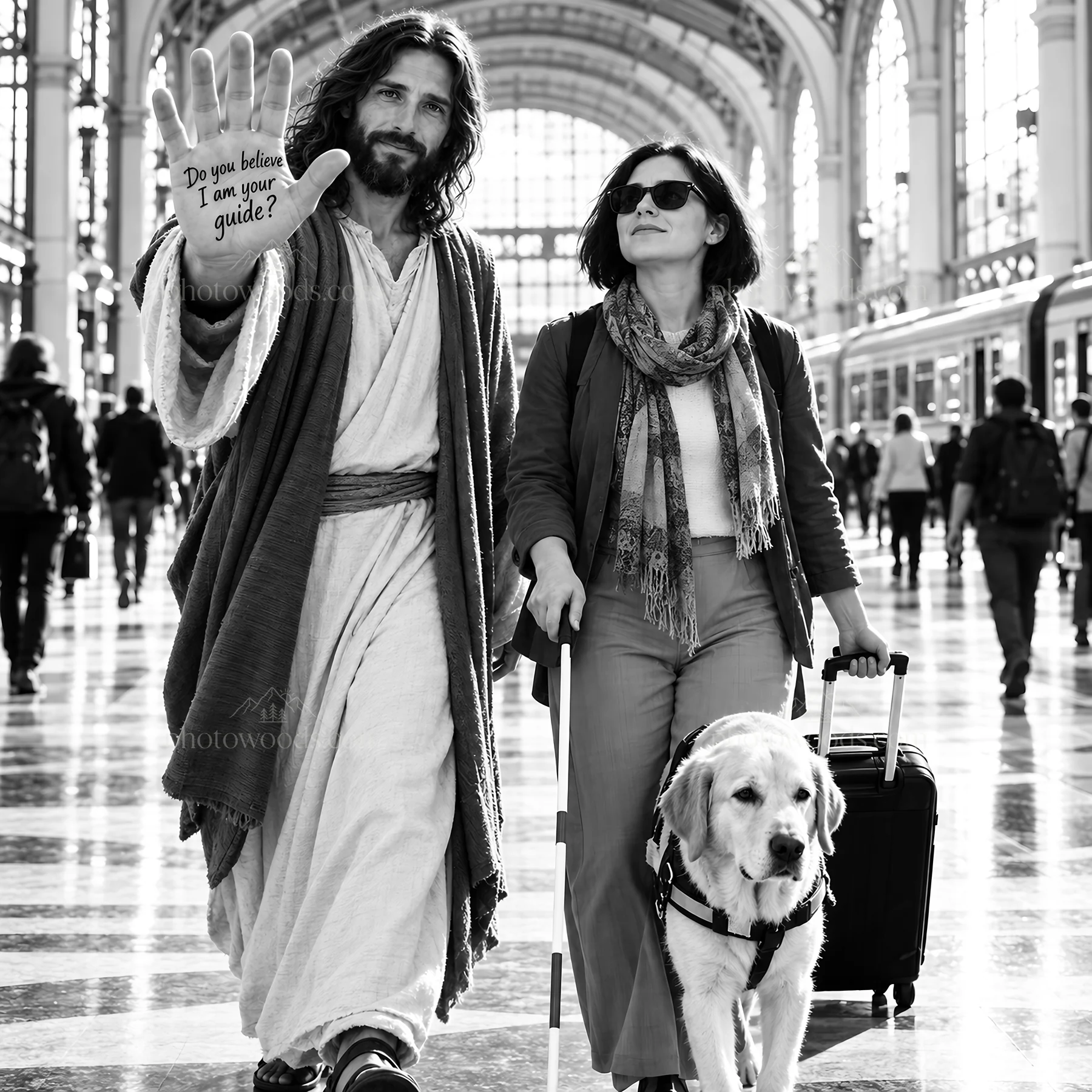 Jesus Christ guiding a woman with a guide dog in a train station - AI-generated stock image