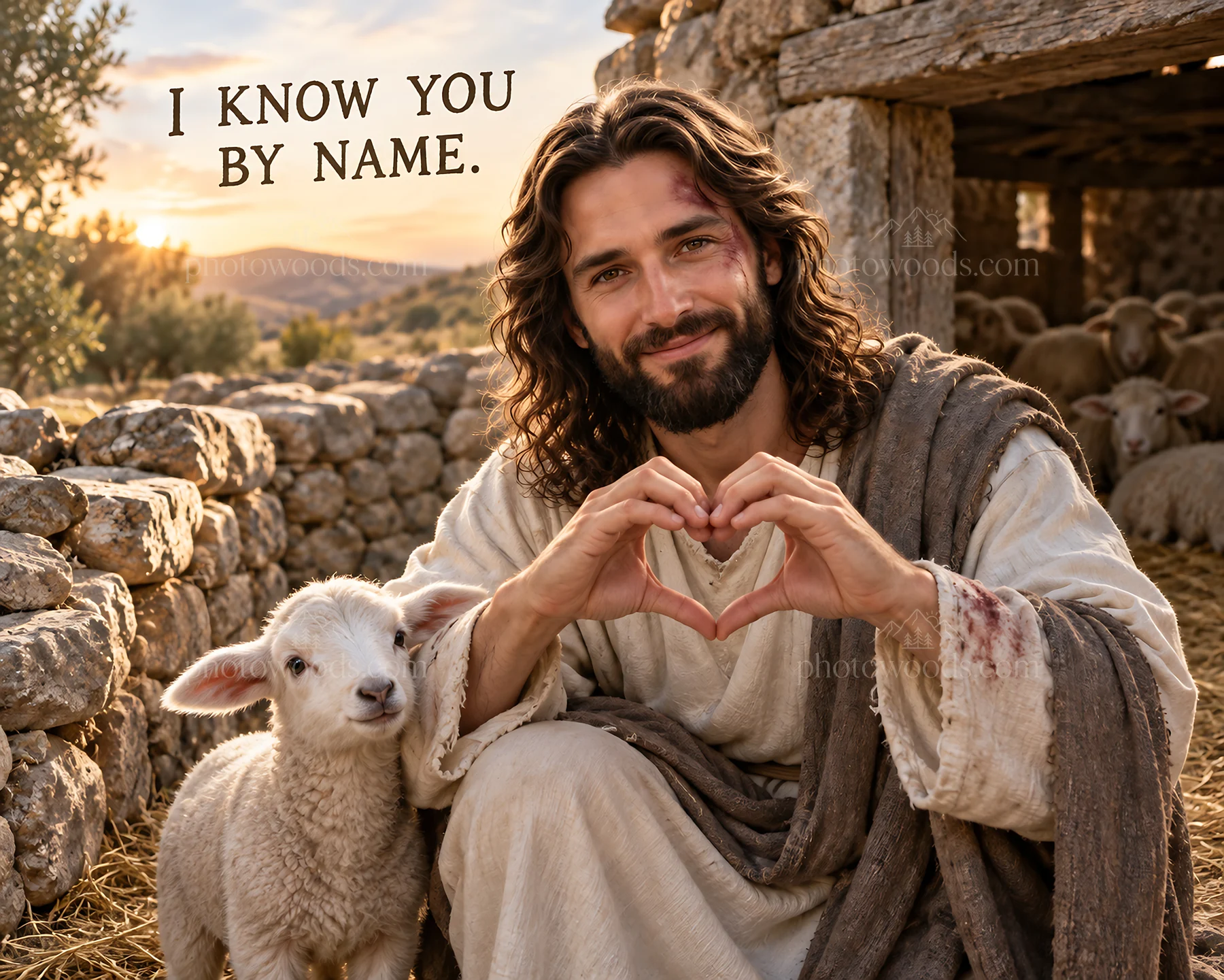 Jesus Christ shows love and compassion for a sheep - AI-generated stock image