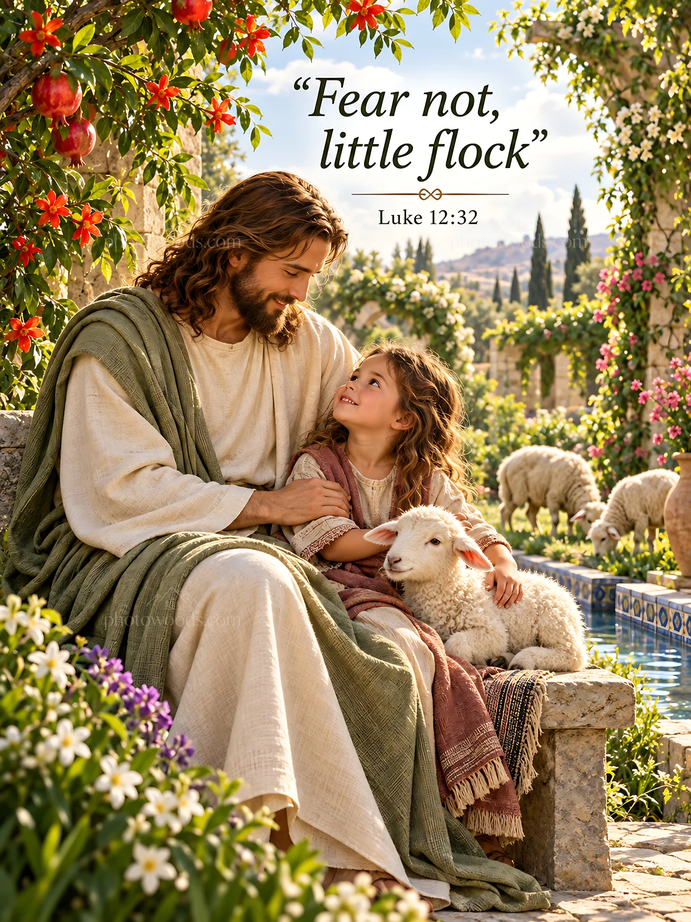 Jesus Christ comforting a child by a garden - AI-generated stock image