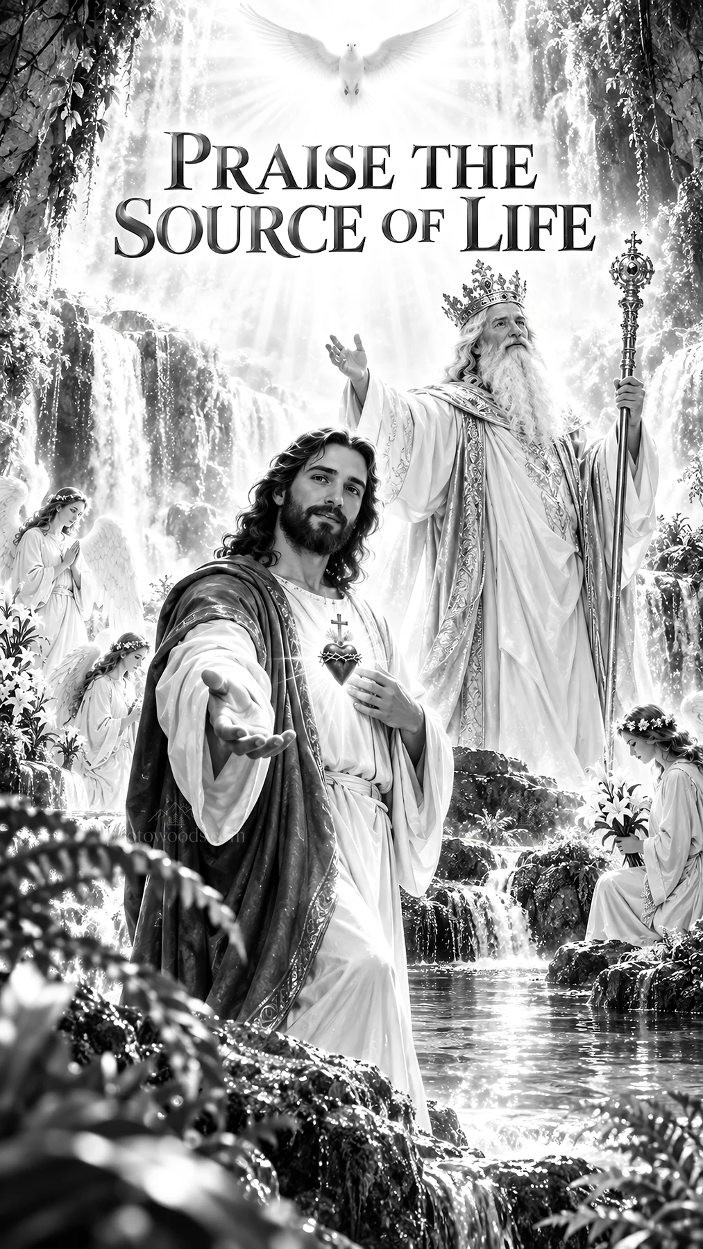 Jesus Christ welcoming and guiding in a divine landscape - AI-generated stock image