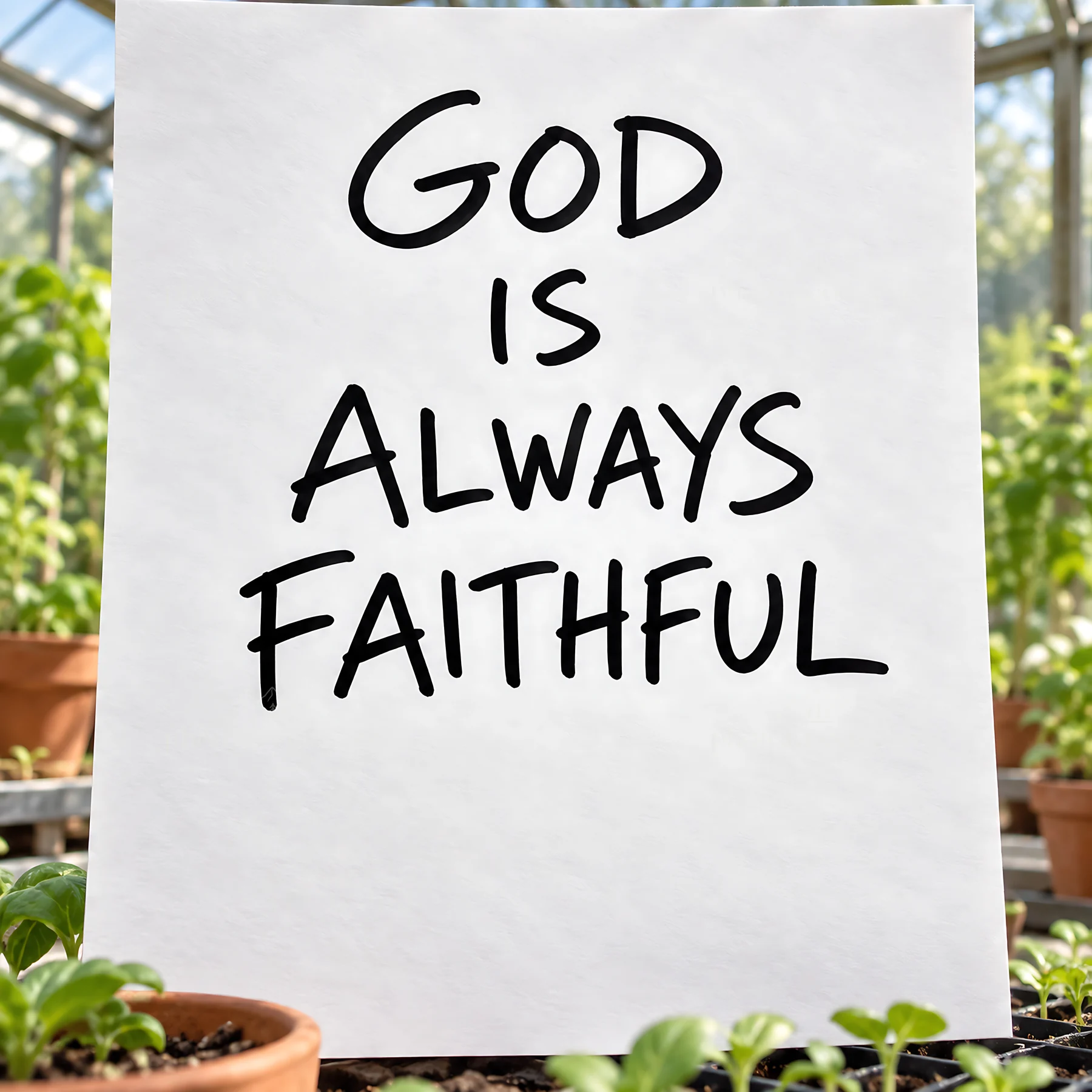 Jesus Christ message about God's faithfulness in a greenhouse - AI-generated stock image