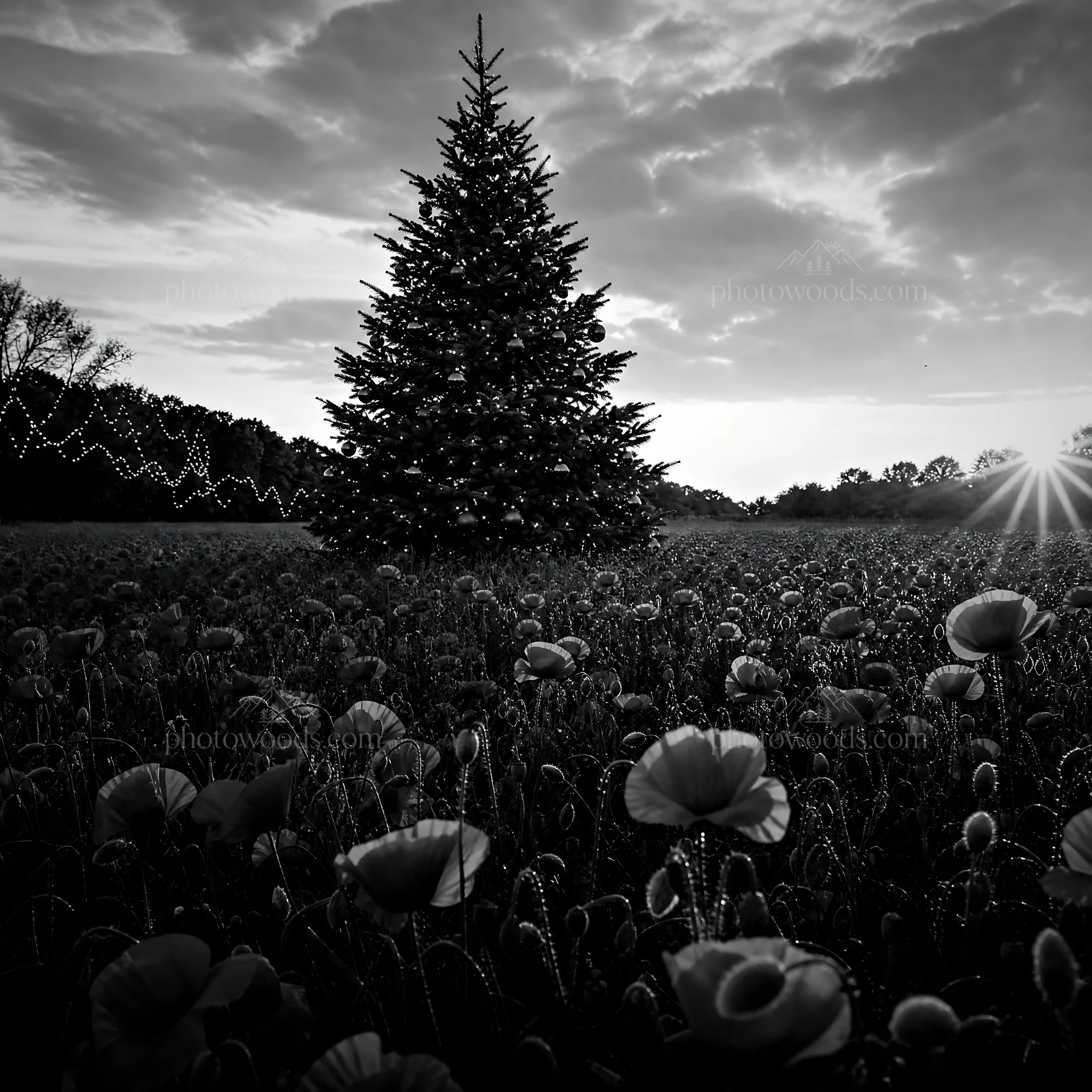 Vibrant Christmas tree at dusk in a meadow with flowers - AI-generated stock image
