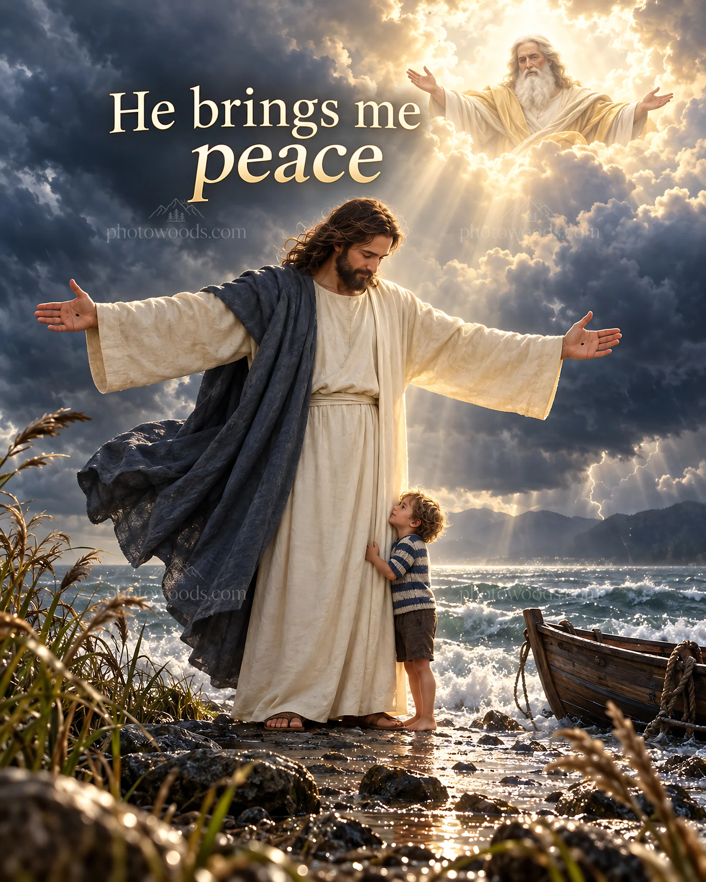 Jesus Christ comforting a child by the water - AI-generated stock image