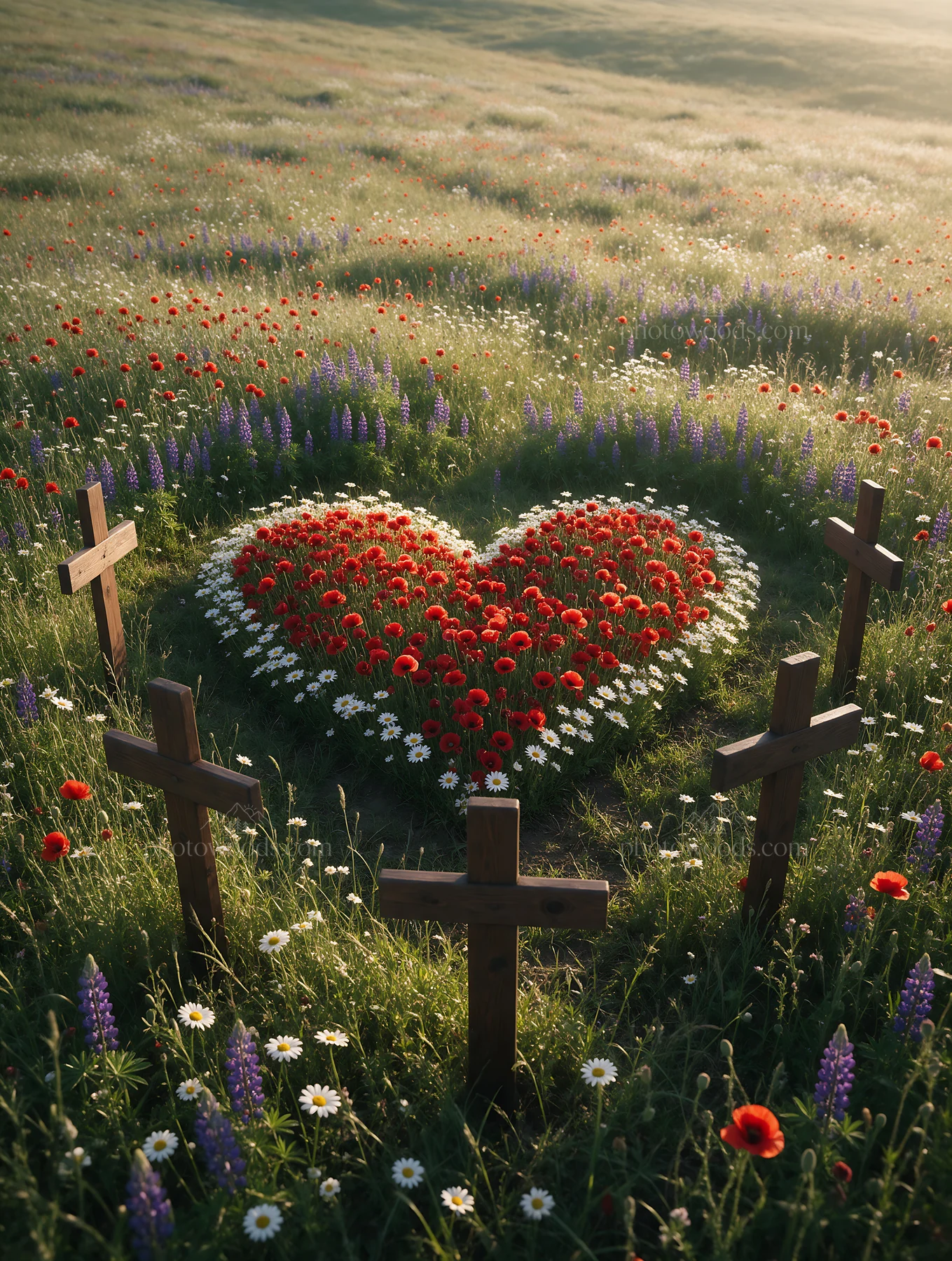 Christian crosses in a meadow with flowers at sunrise - AI-generated stock image