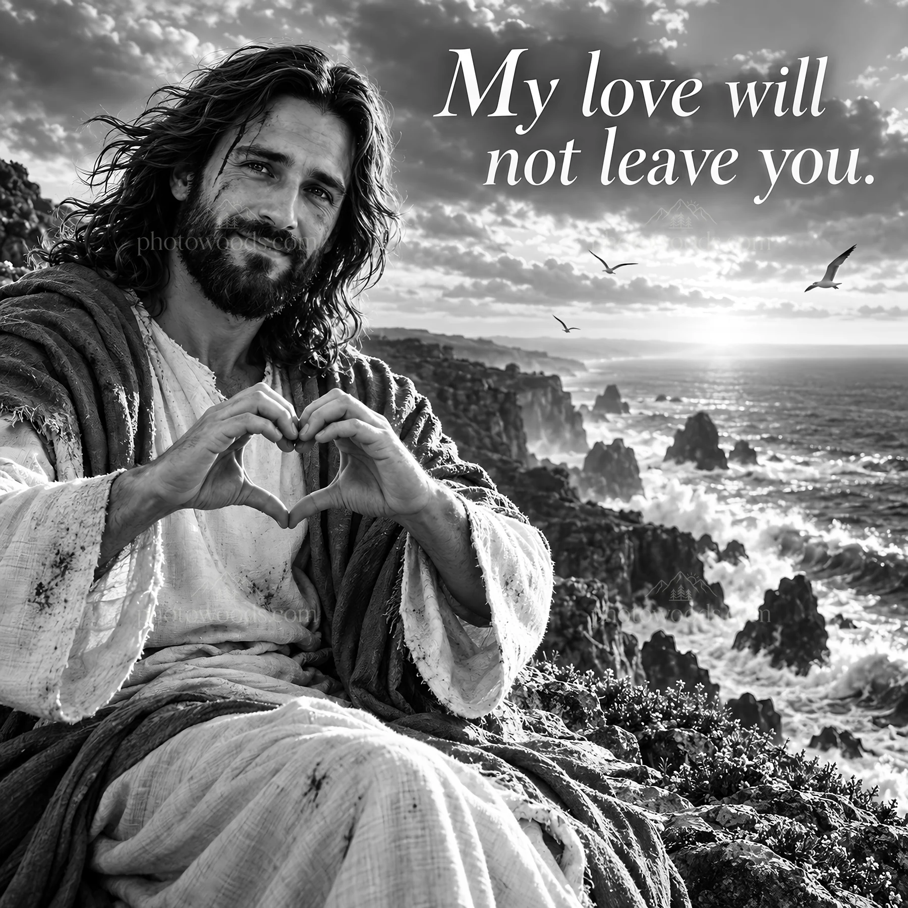 Jesus Christ offers love and comfort by the ocean - AI-generated stock image