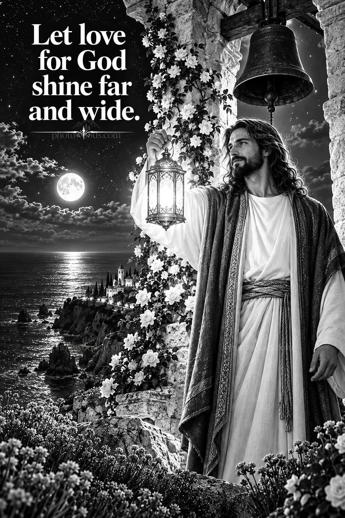 Jesus Christ holding a lantern in a scenic landscape - AI-generated stock image