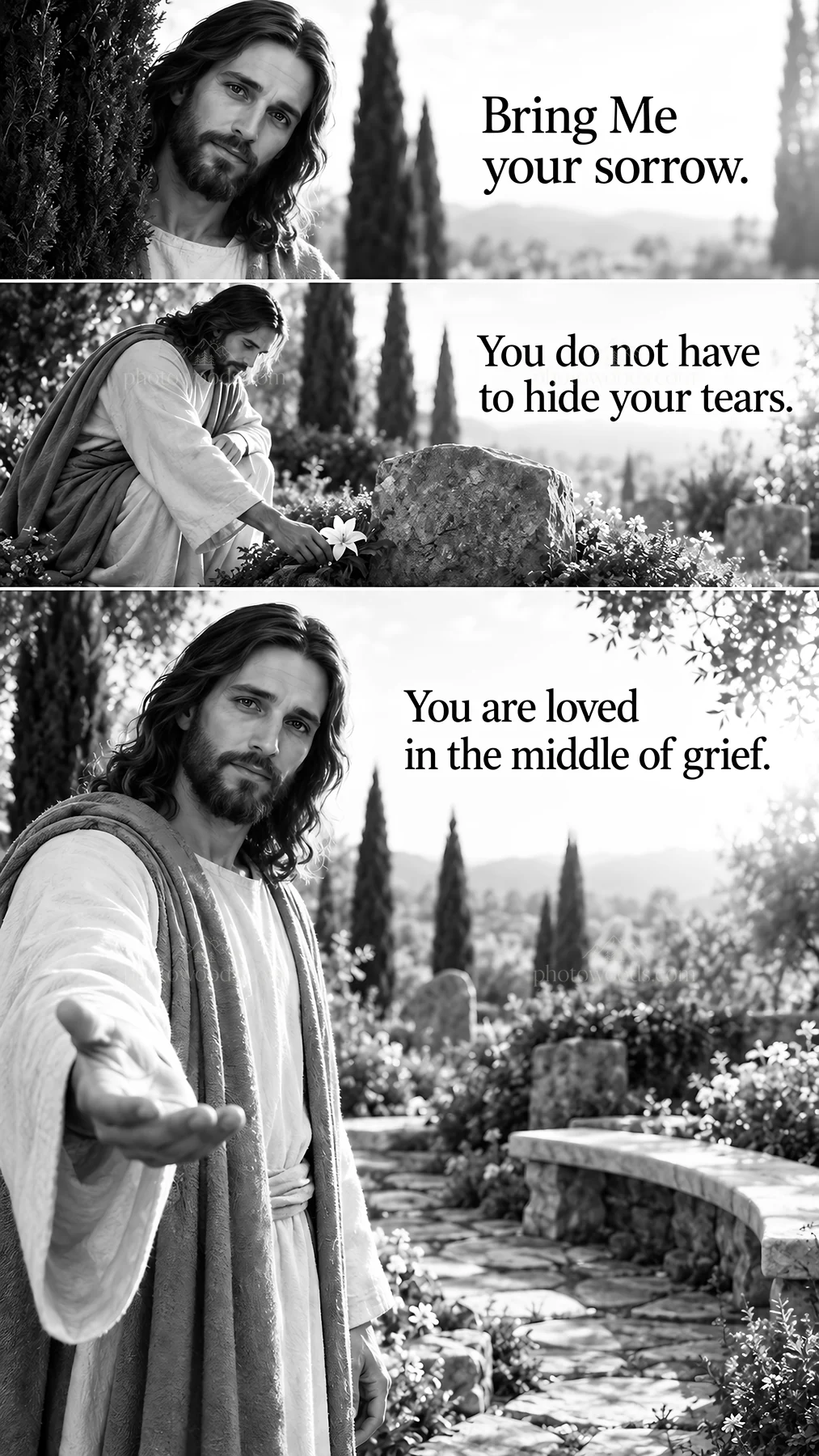 Jesus Christ inviting comfort to those in sorrow - AI-generated stock image