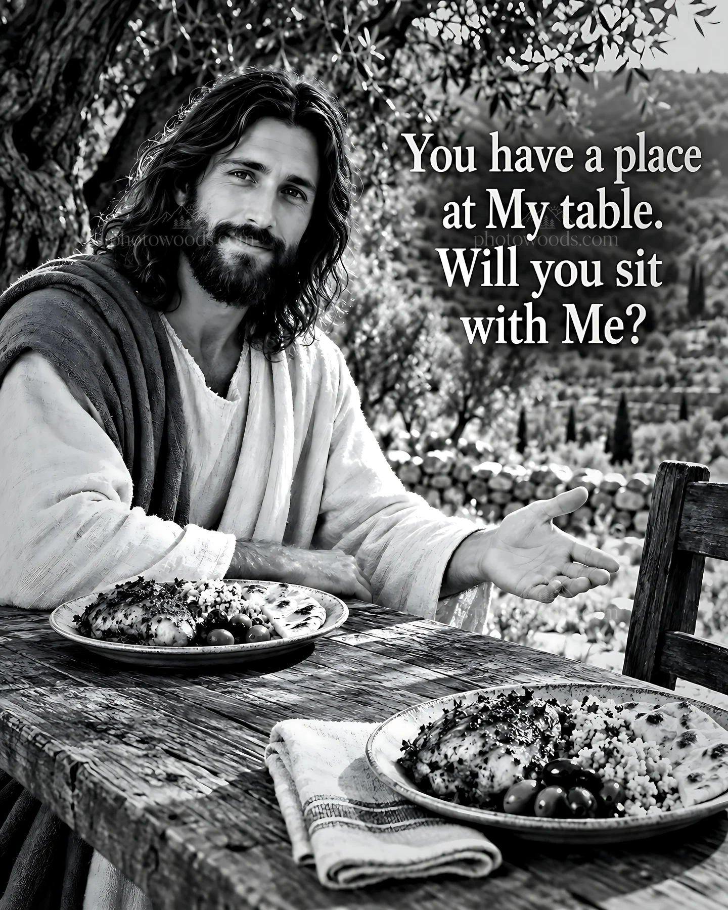Invitation to dine in the olive grove - AI-generated stock image