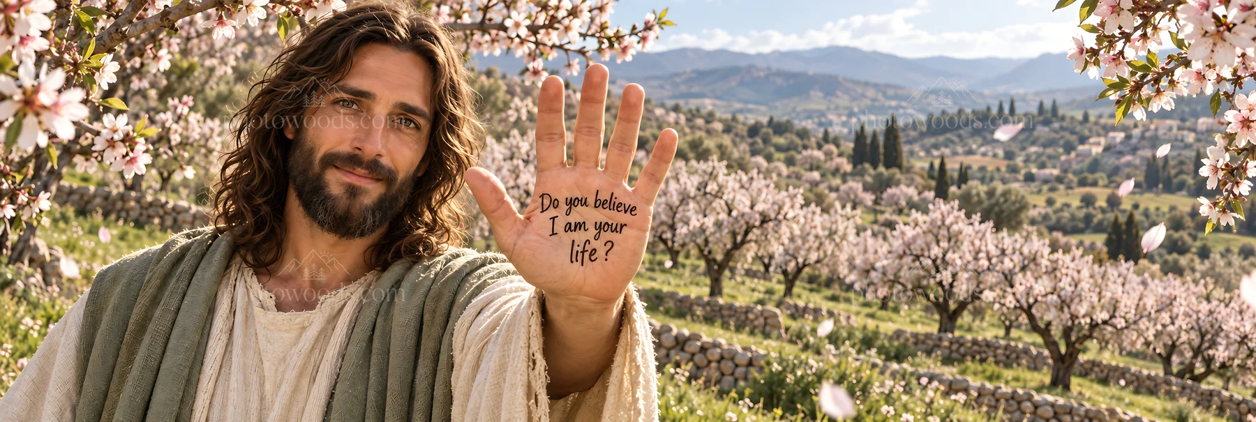 Jesus Christ offers a message in a blooming landscape - AI-generated stock image