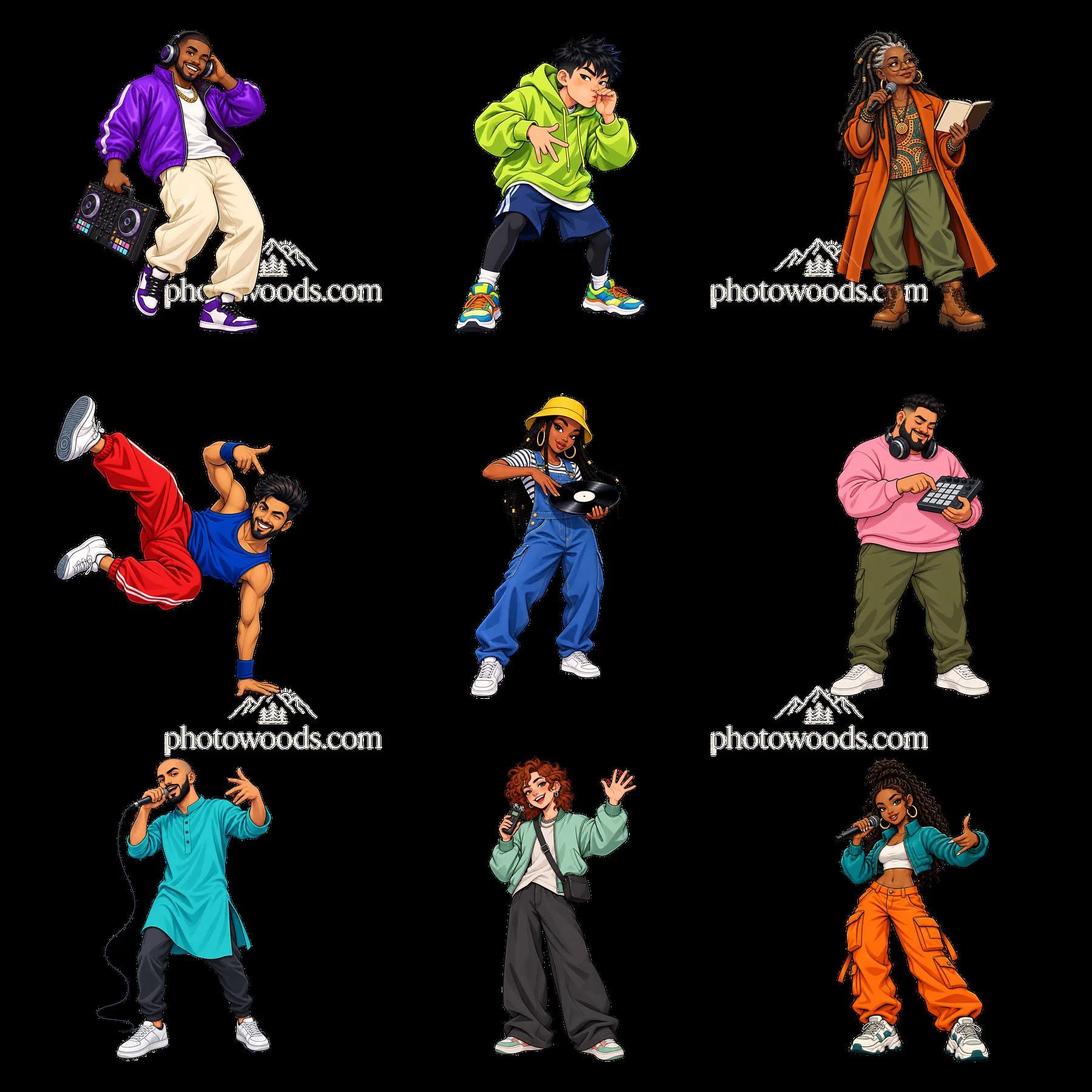 Hip-hop artists performing in dynamic poses with vibrant outfits - AI-generated stock image