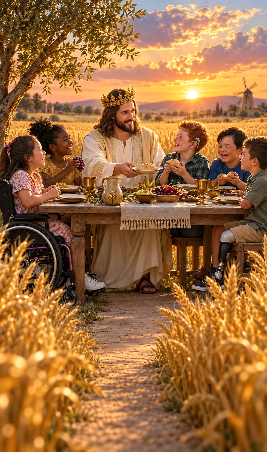 Jesus Christ sharing a meal with children in a golden field - AI-generated stock image