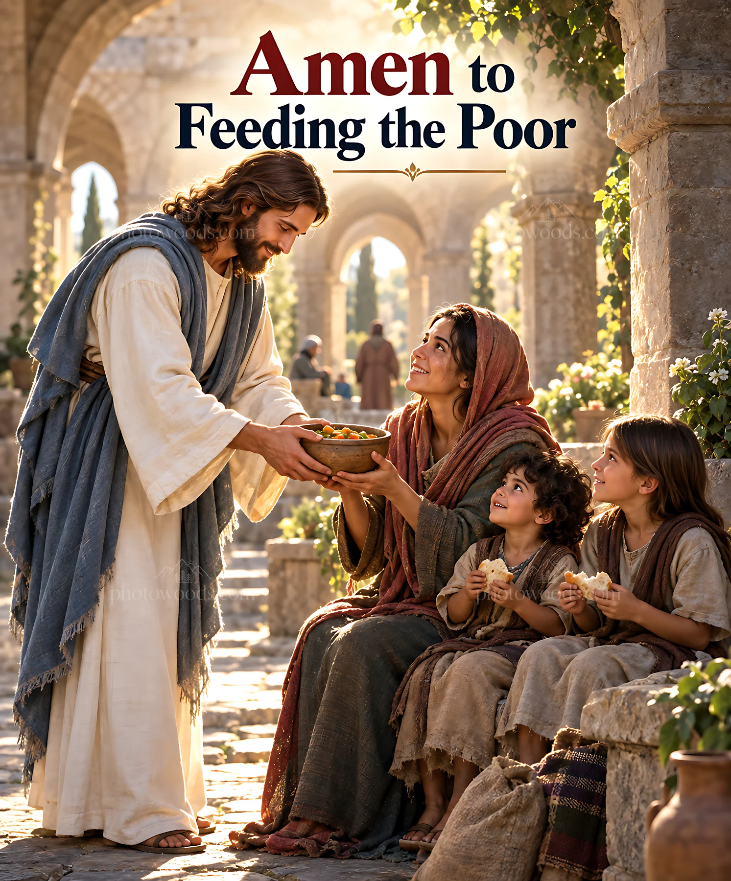Quiet meal in the cloister with a figure sharing food - AI-generated stock image