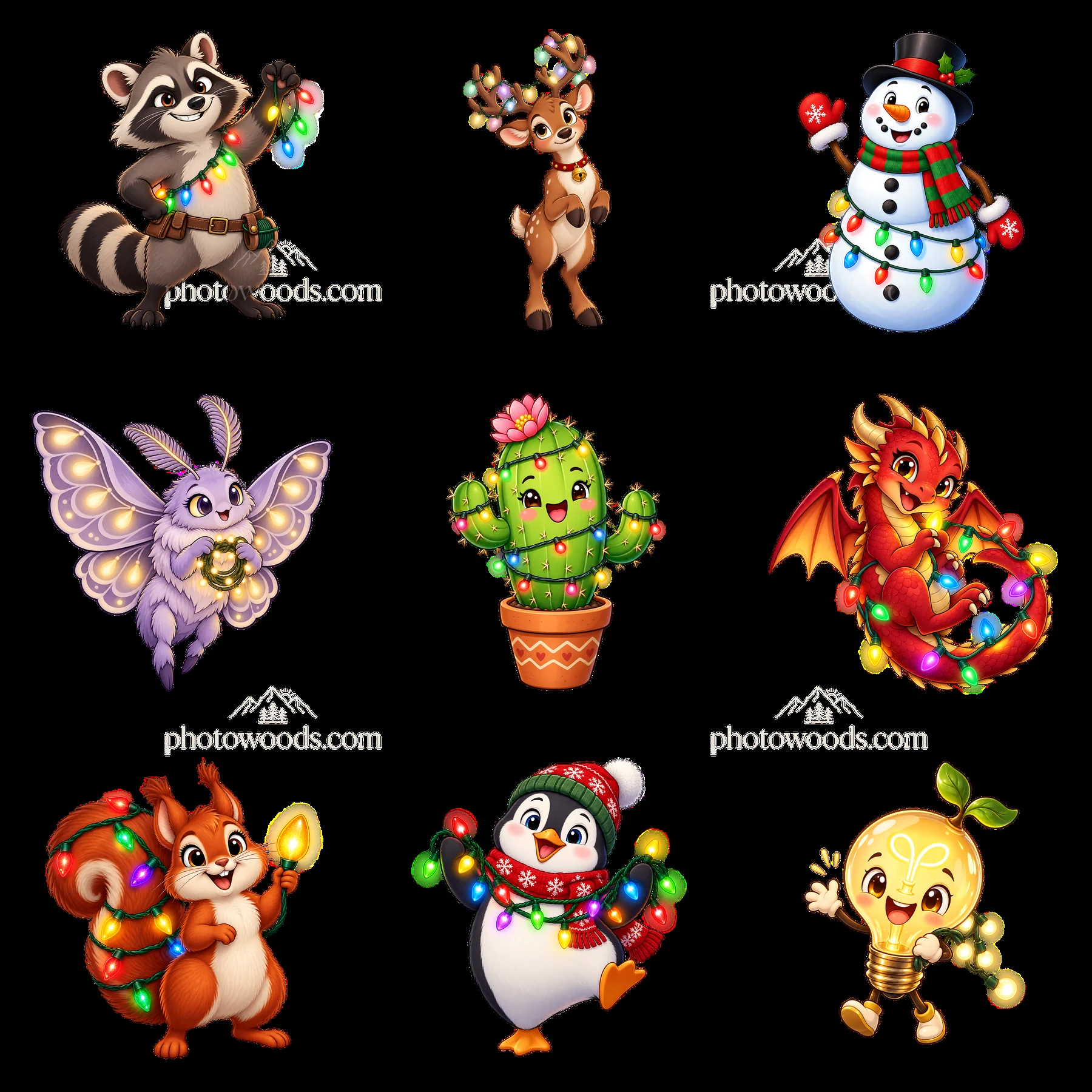 Cute cartoon animals and characters with string lights - AI-generated stock image