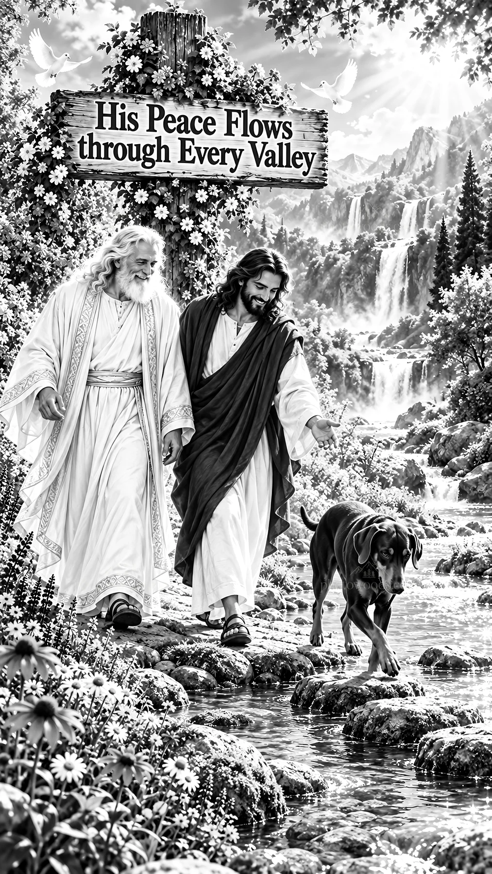 Jesus Christ walking by water with God and a dog - AI-generated stock image