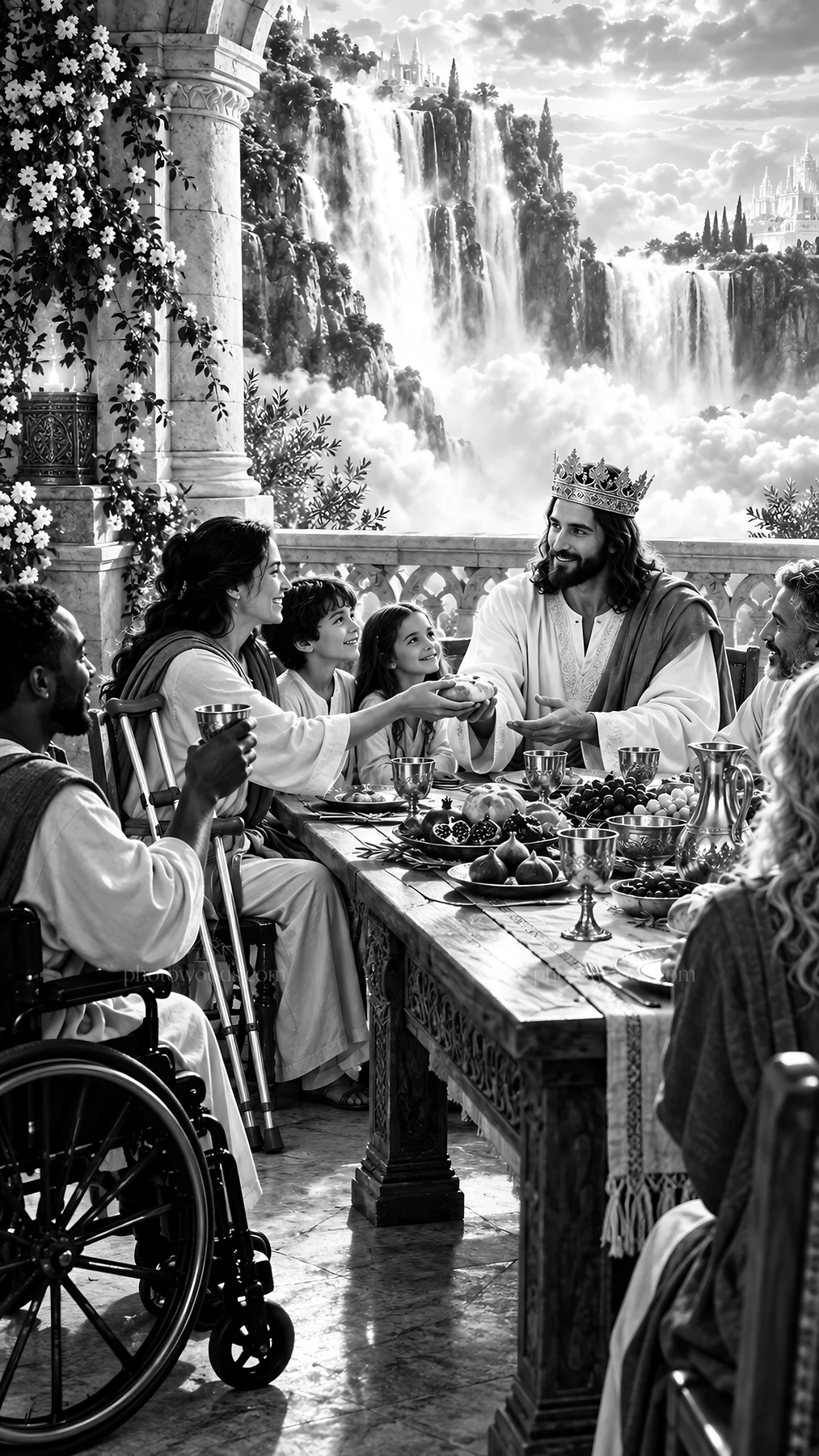 Jesus Christ sharing a meal with friends and the needy - AI-generated stock image
