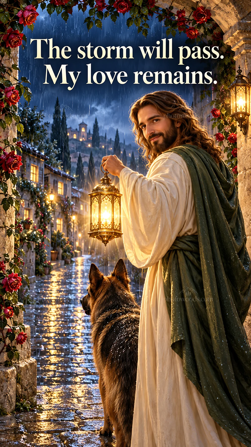Jesus Christ holding a lantern with a dog in a rainy street - AI-generated stock image