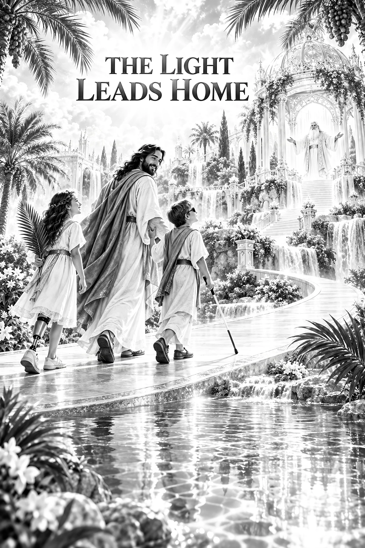 Jesus Christ walking with children in a heavenly landscape - AI-generated stock image
