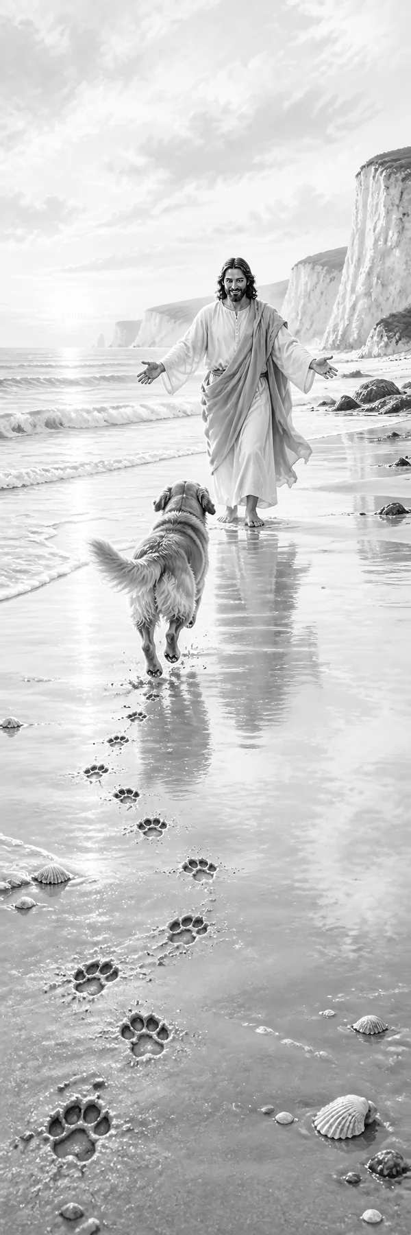 Jesus Christ walking on the beach with a dog - AI-generated stock image