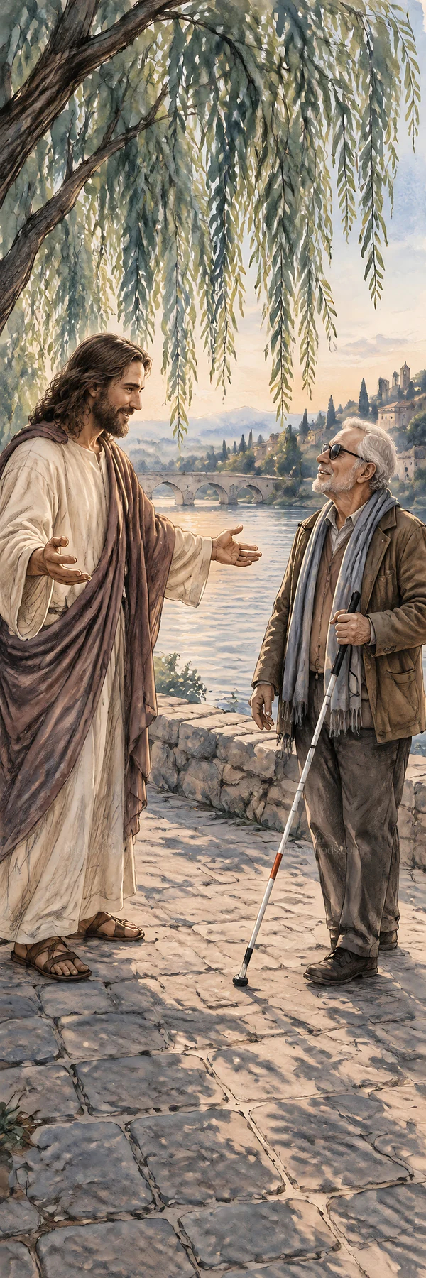 Jesus Christ offers guidance to a seeker by the river - AI-generated stock image