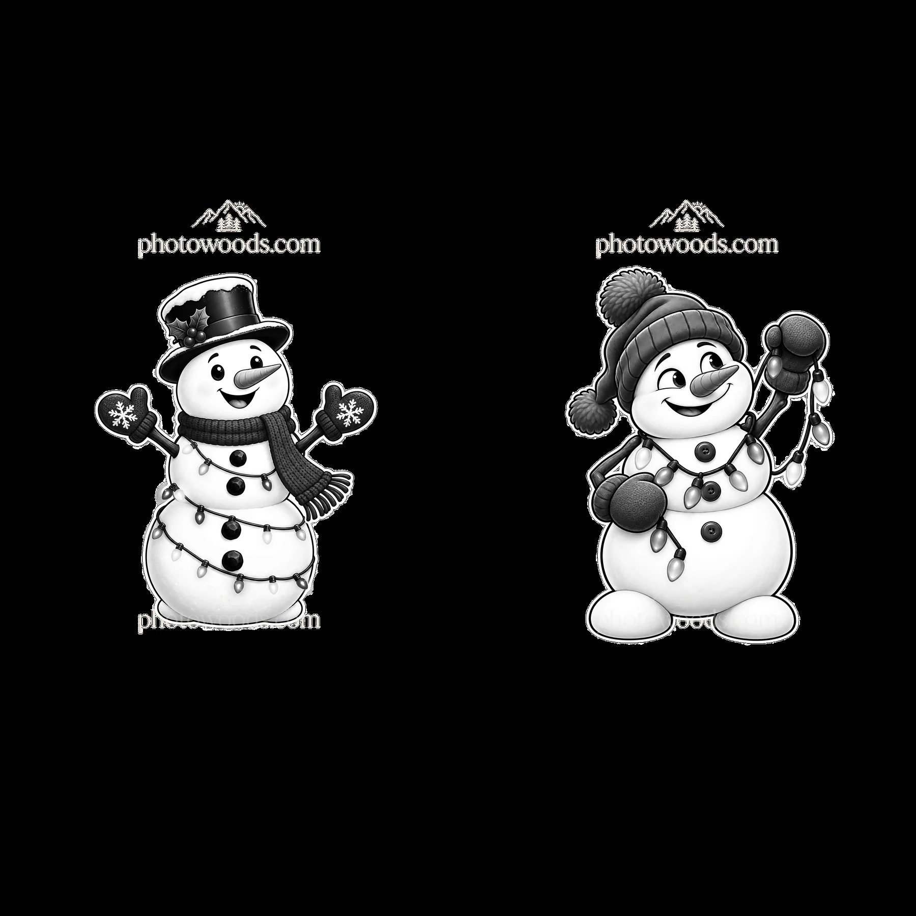 Snowmen holding string lights in festive poses - AI-generated stock image