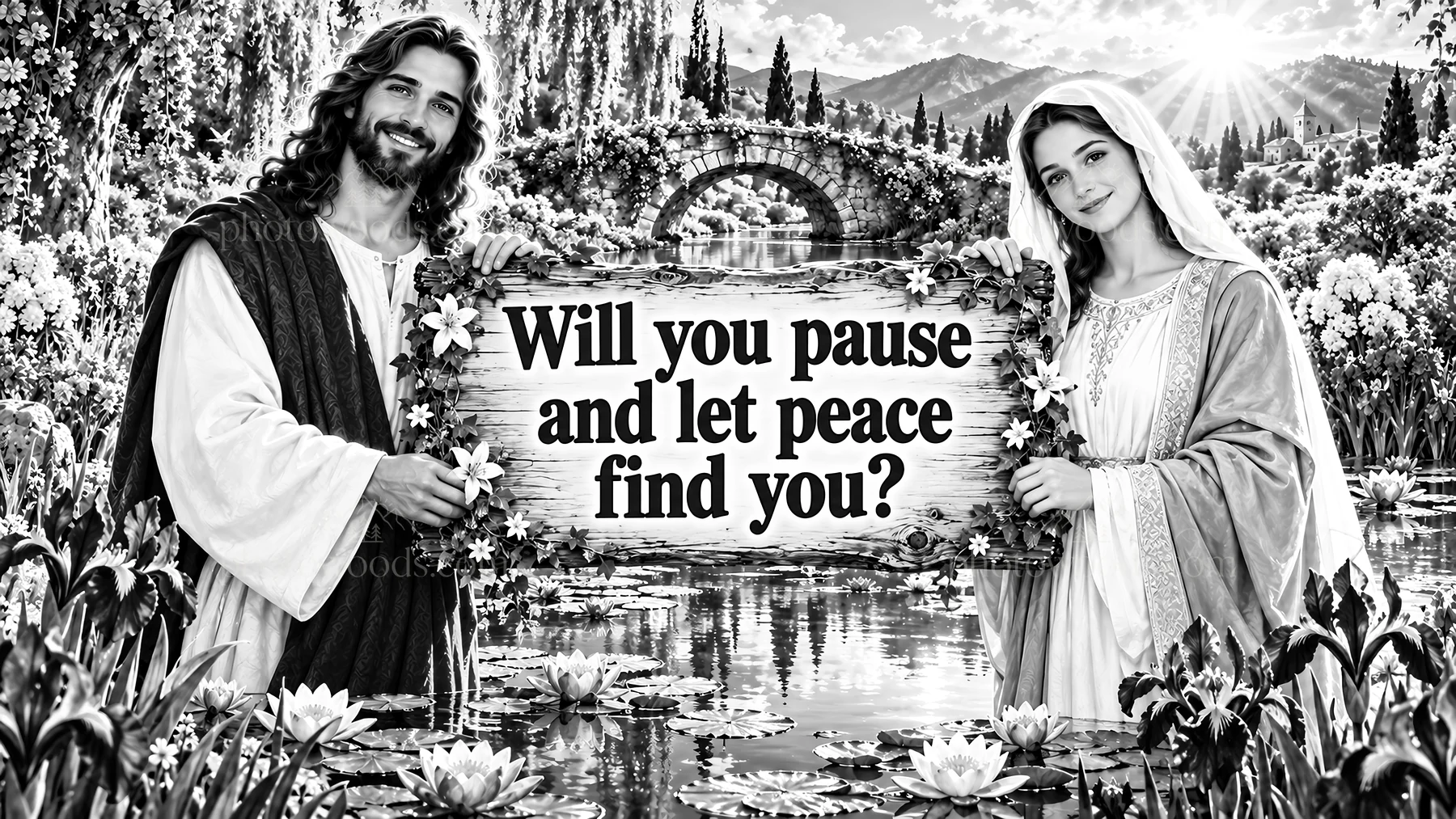 Jesus Christ welcomes viewers with a message of peace - AI-generated stock image