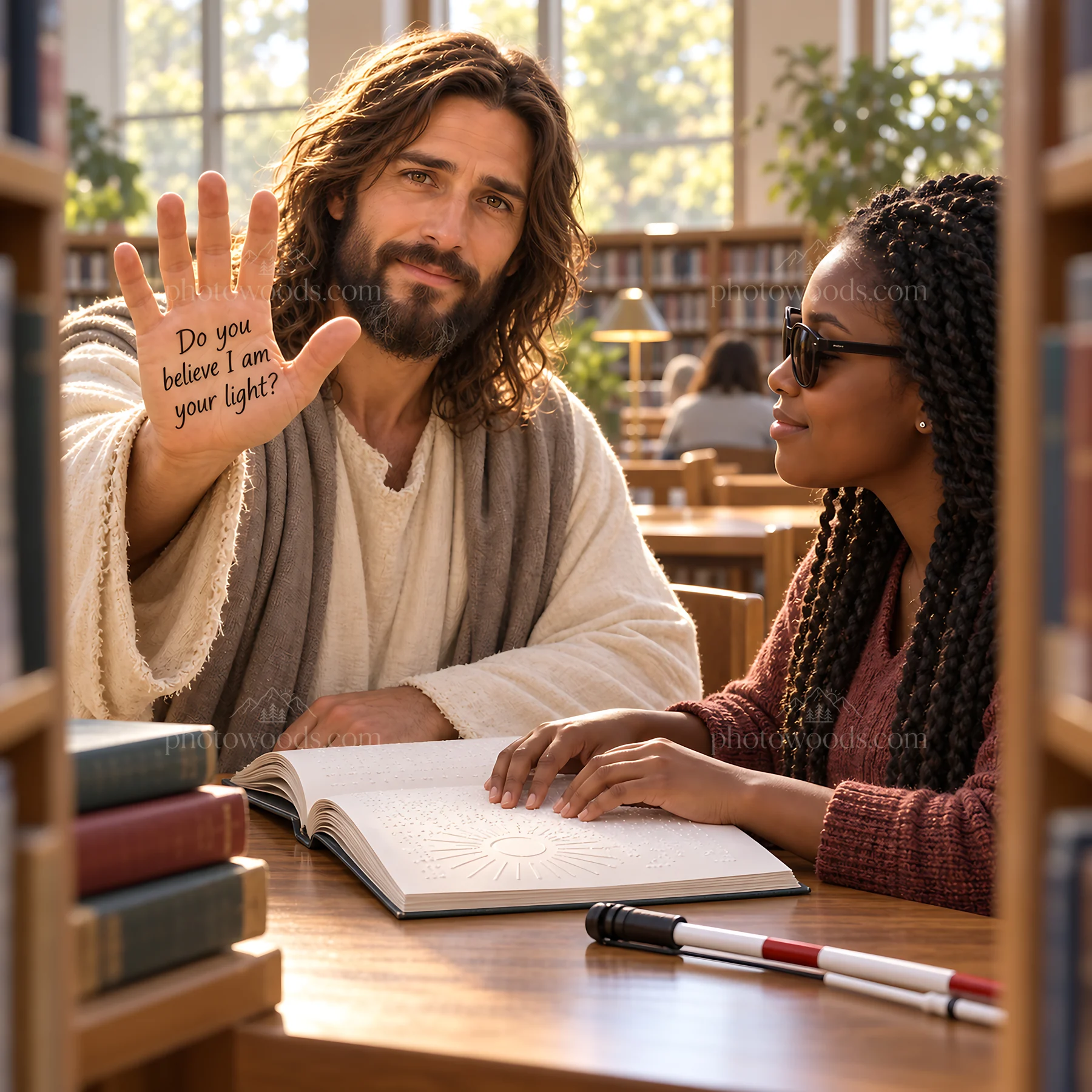 Jesus Christ shares guidance with a woman in a library setting - AI-generated stock image