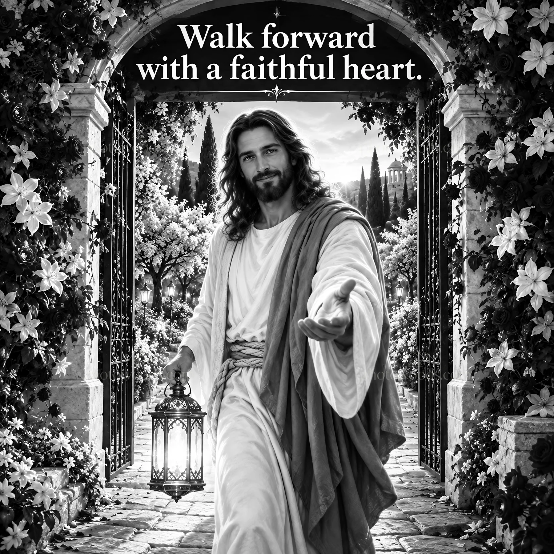Jesus Christ welcoming with a lantern in a garden path - AI-generated stock image