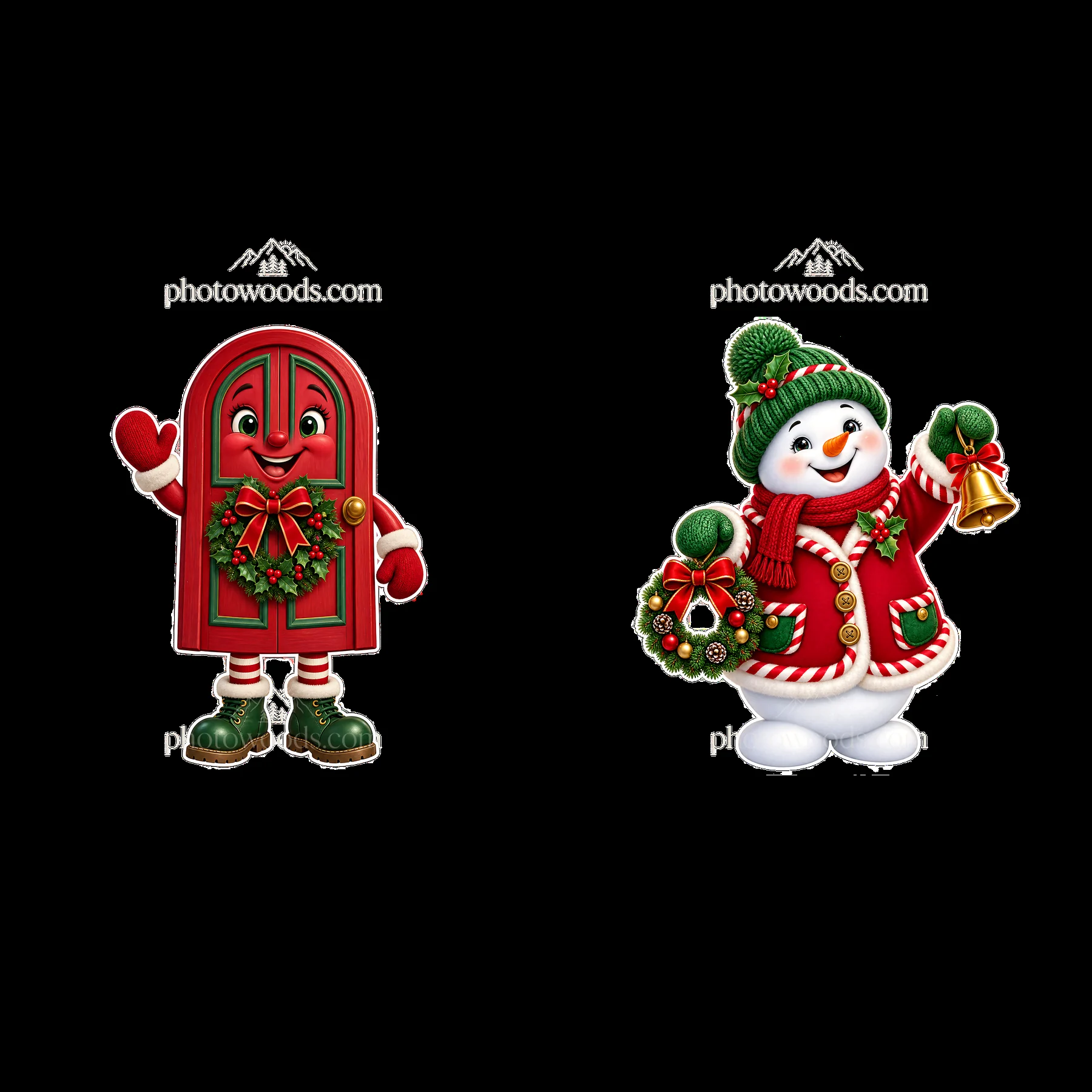 Christmas door character with snowman carrying a bell - AI-generated stock image